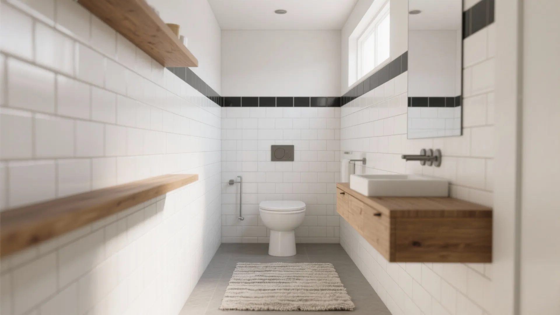Narrow bathroom with white subway tiles black wall stripe wooden floating cabinet and white toilet
