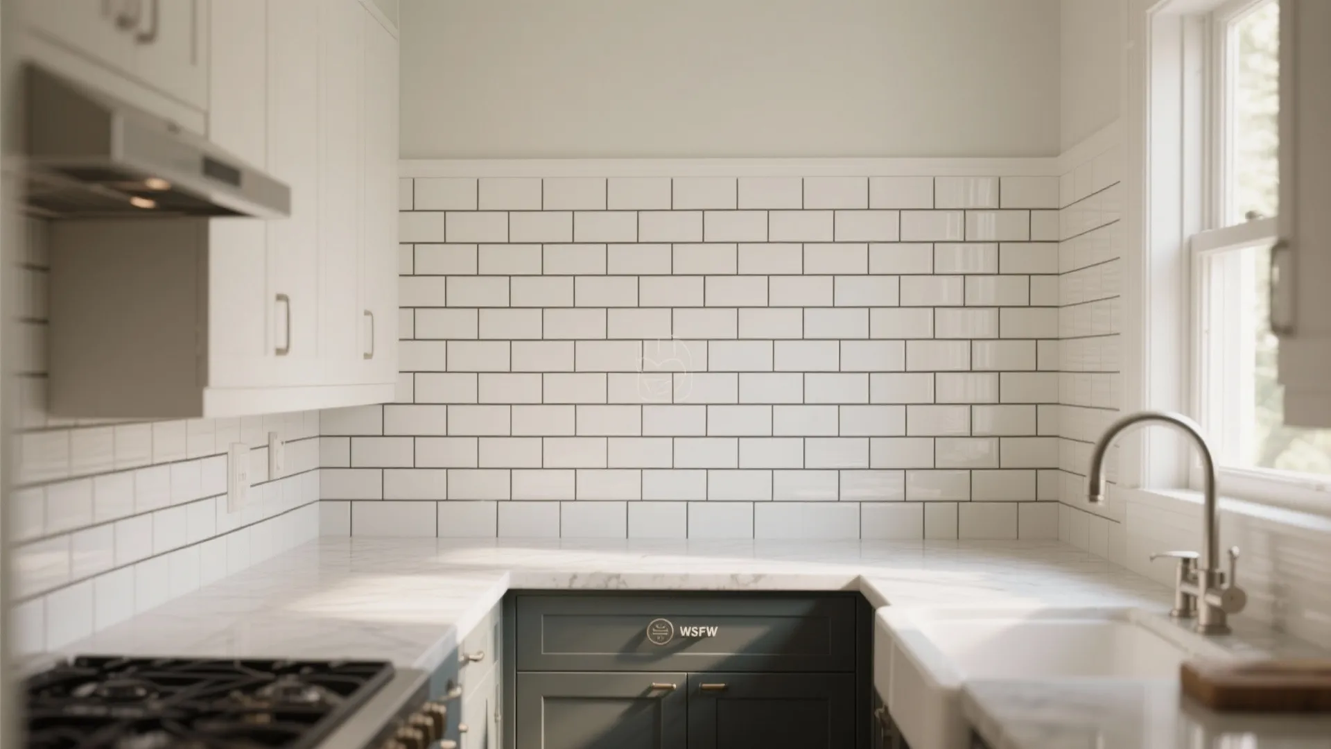 Bright kitchen with white wall tiles and dark grout plus marble counter and green cabinet