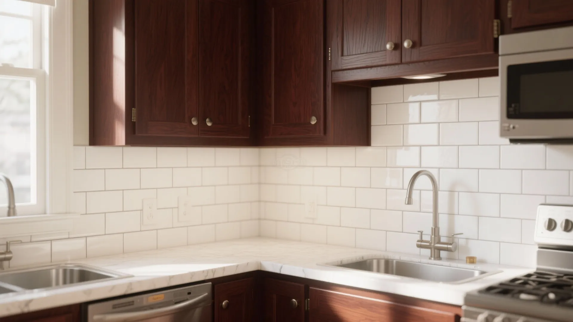 Dark wood kitchen cabinets with white rectangular tile backsplash, marble countertop, silver sink, and microwave