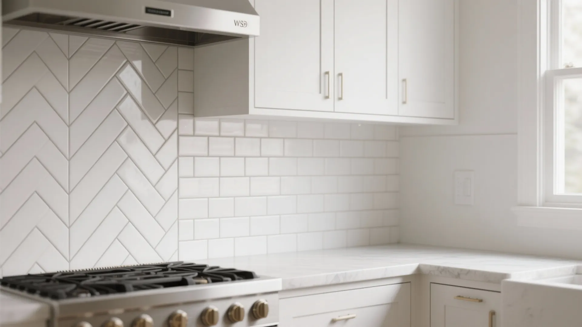 White kitchen featuring a herringbone tile wall, white cabinets, marble countertop, and a metal stove