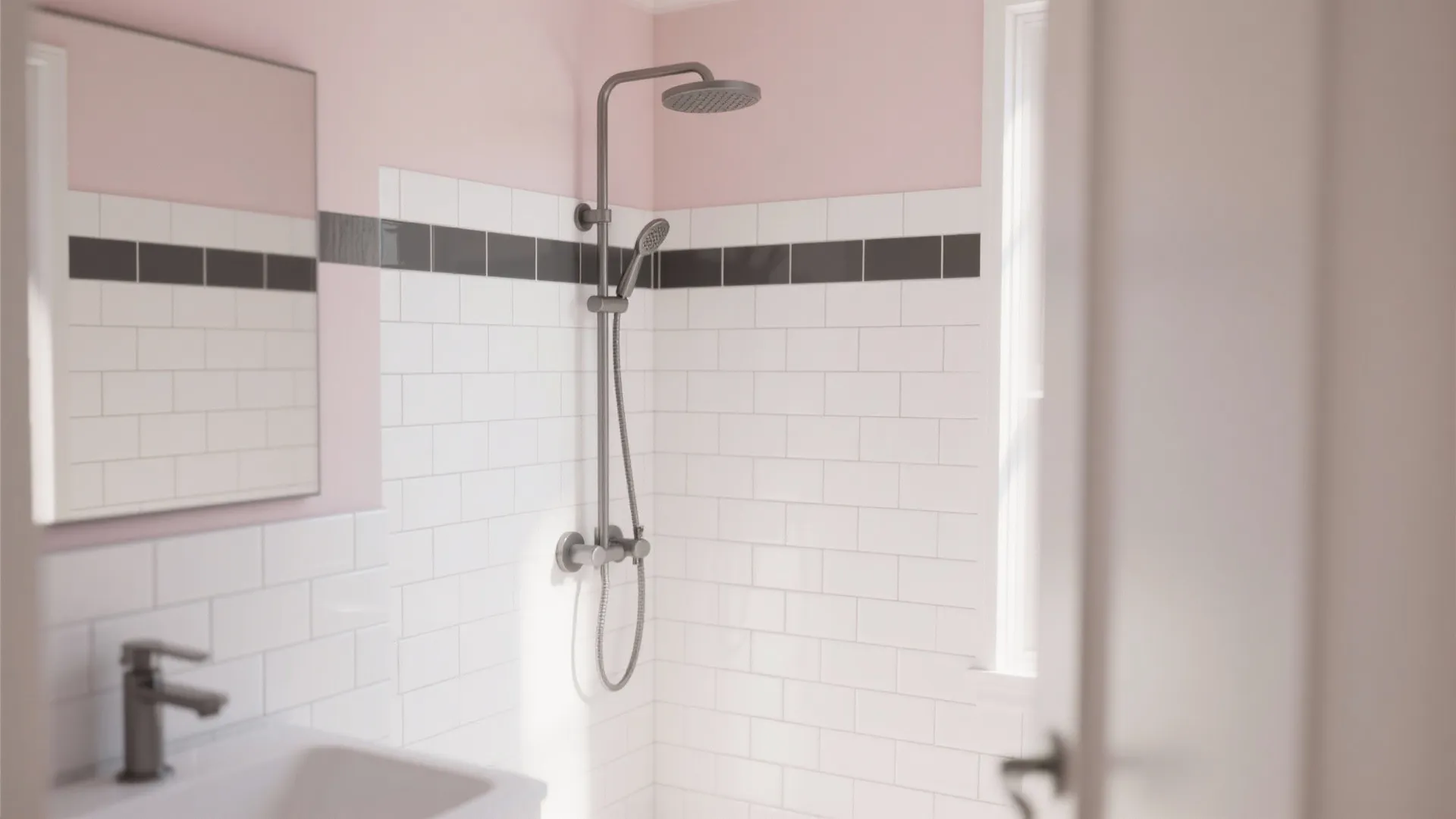 Modern bathroom design featuring pink walls white wall tiles black border shower head and white sink