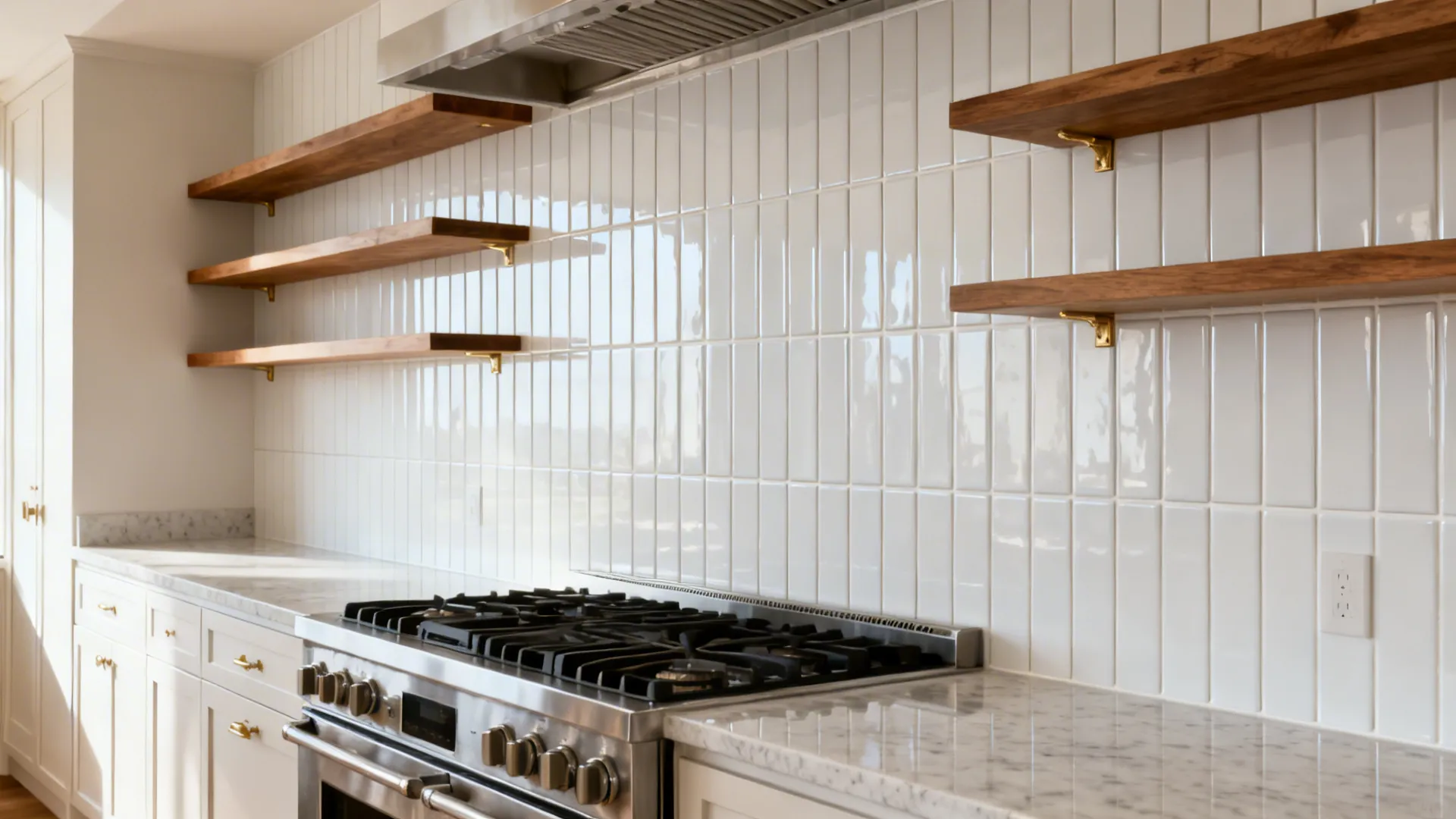 Vertical stacked white 2x8 subway tile backsplash with warm grout in a compact galley