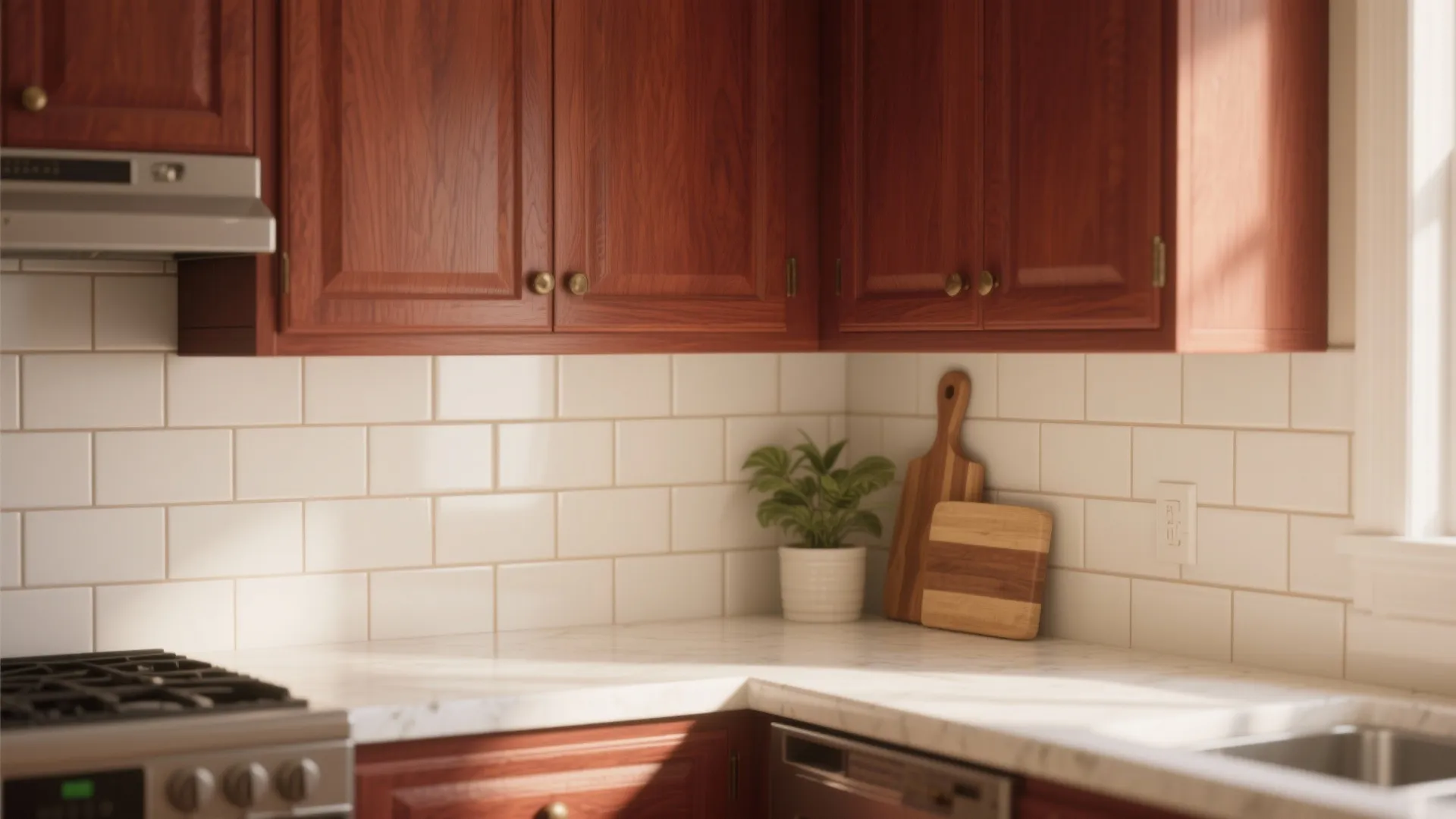 Corner of a kitchen with white wall tiles wooden cabinets marble countertop and small plant