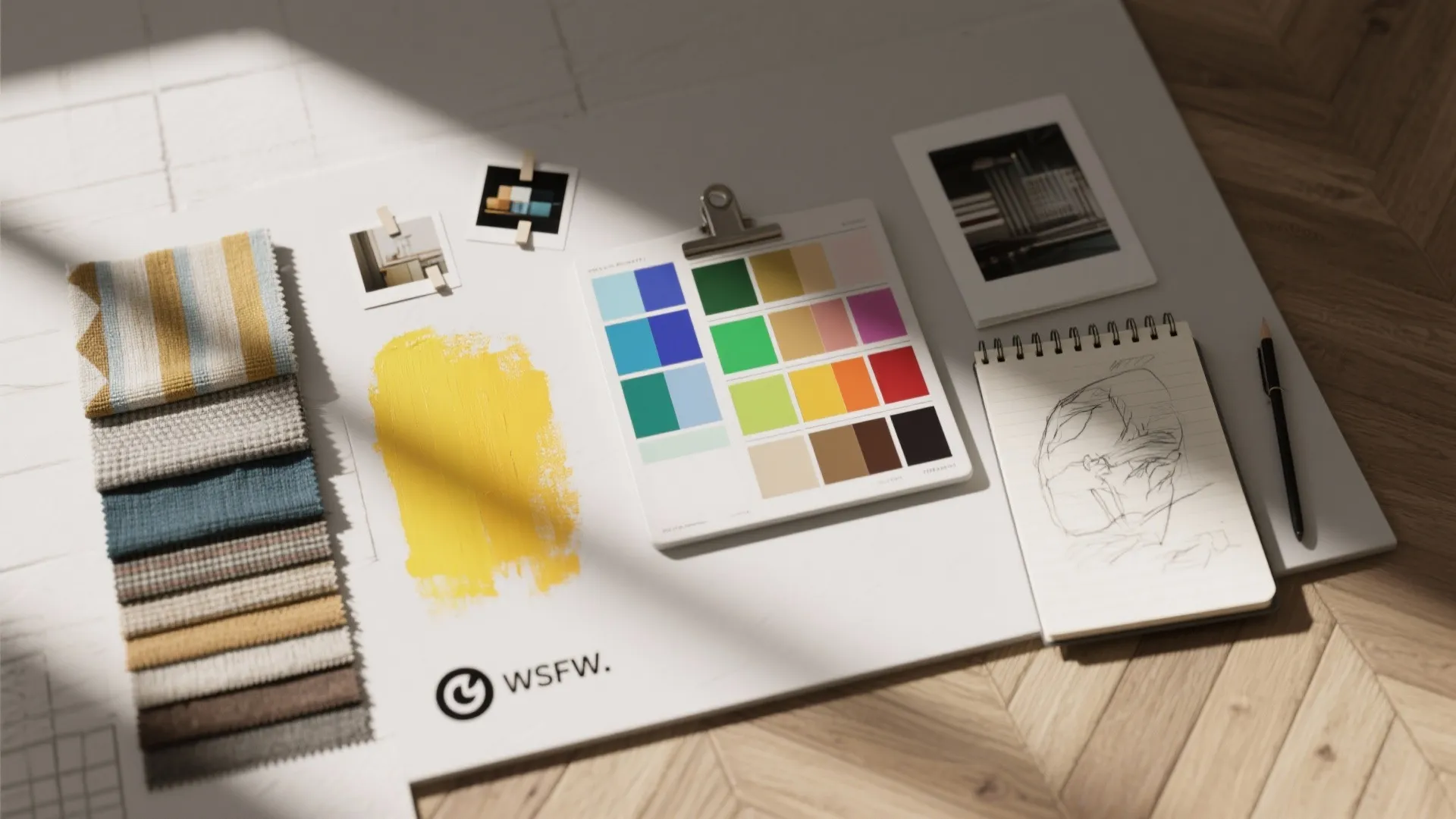 Interior design mood board with colorful swatches fabric samples sketchbook and pencil on wooden floor
