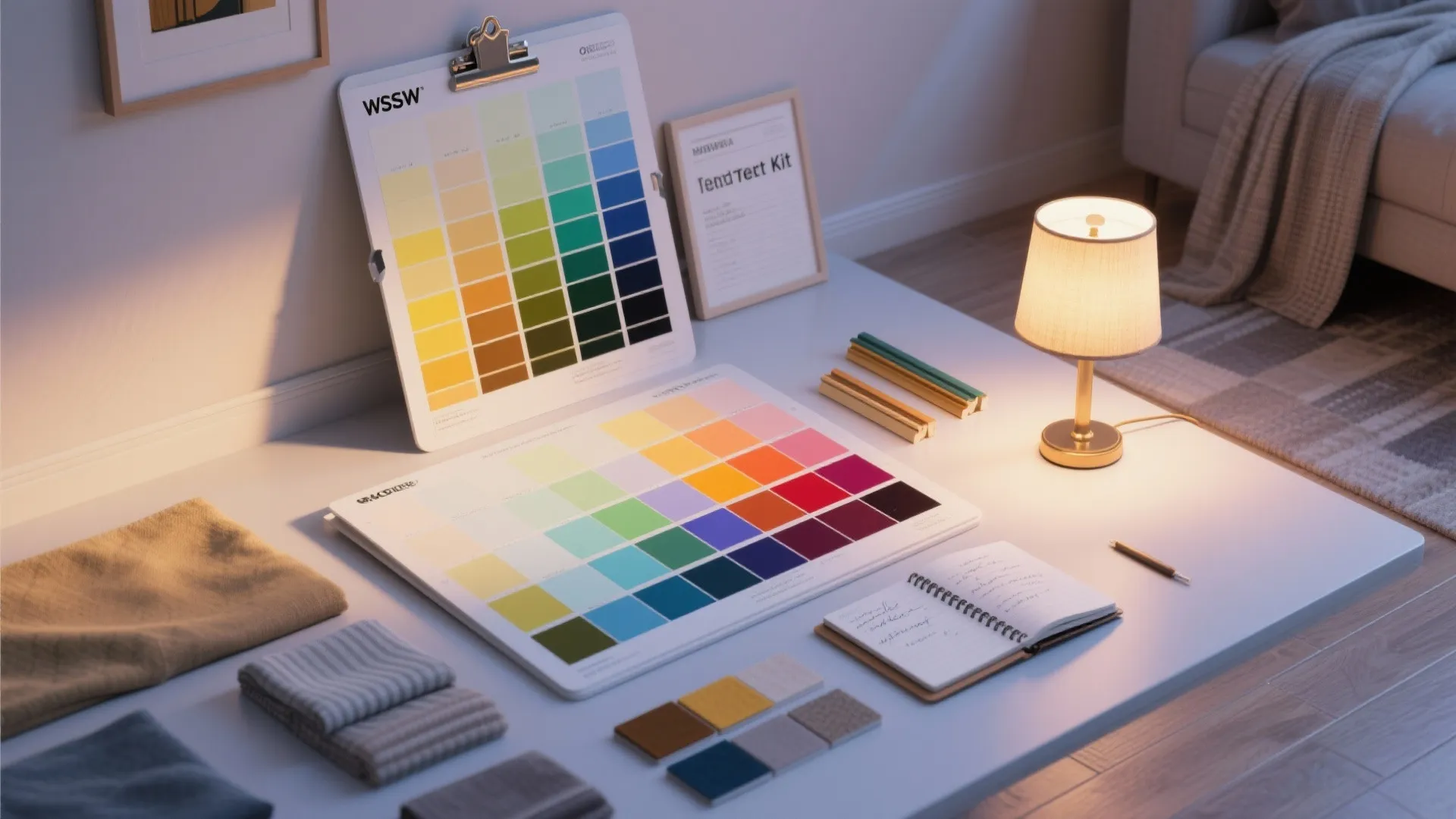 Desk with colorful paint swatches a small table lamp a notebook and various fabric samples