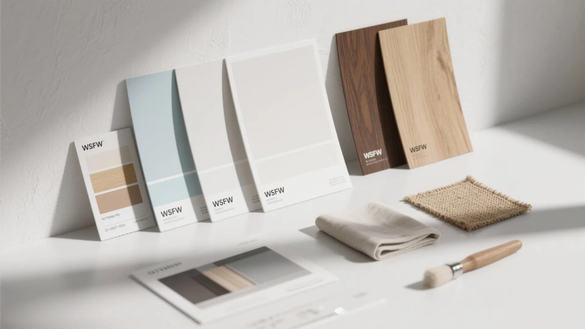 Flatlay of white paint swatches, wood veneers and fabric samples showing undertone testing.