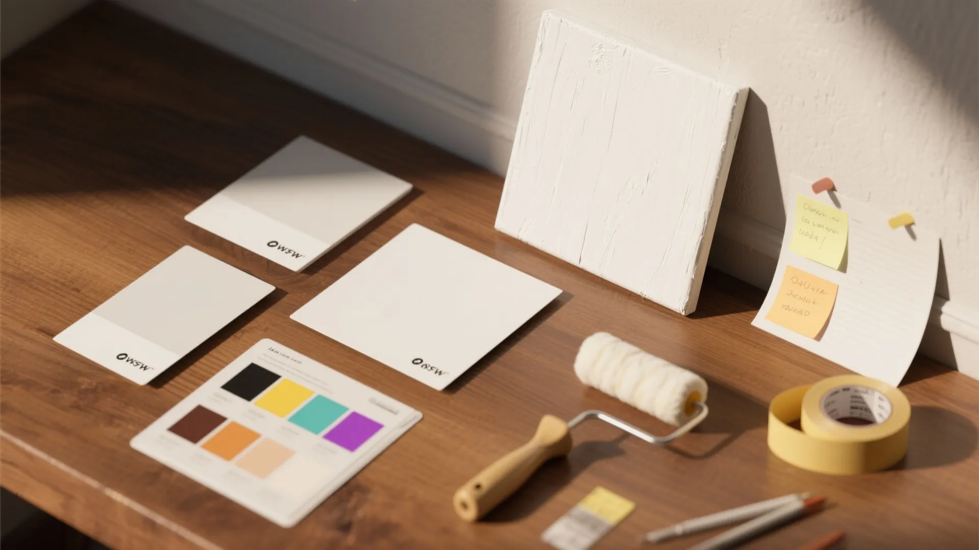 Wooden table with white paint color swatches, paint roller, color chart, and small wall notes