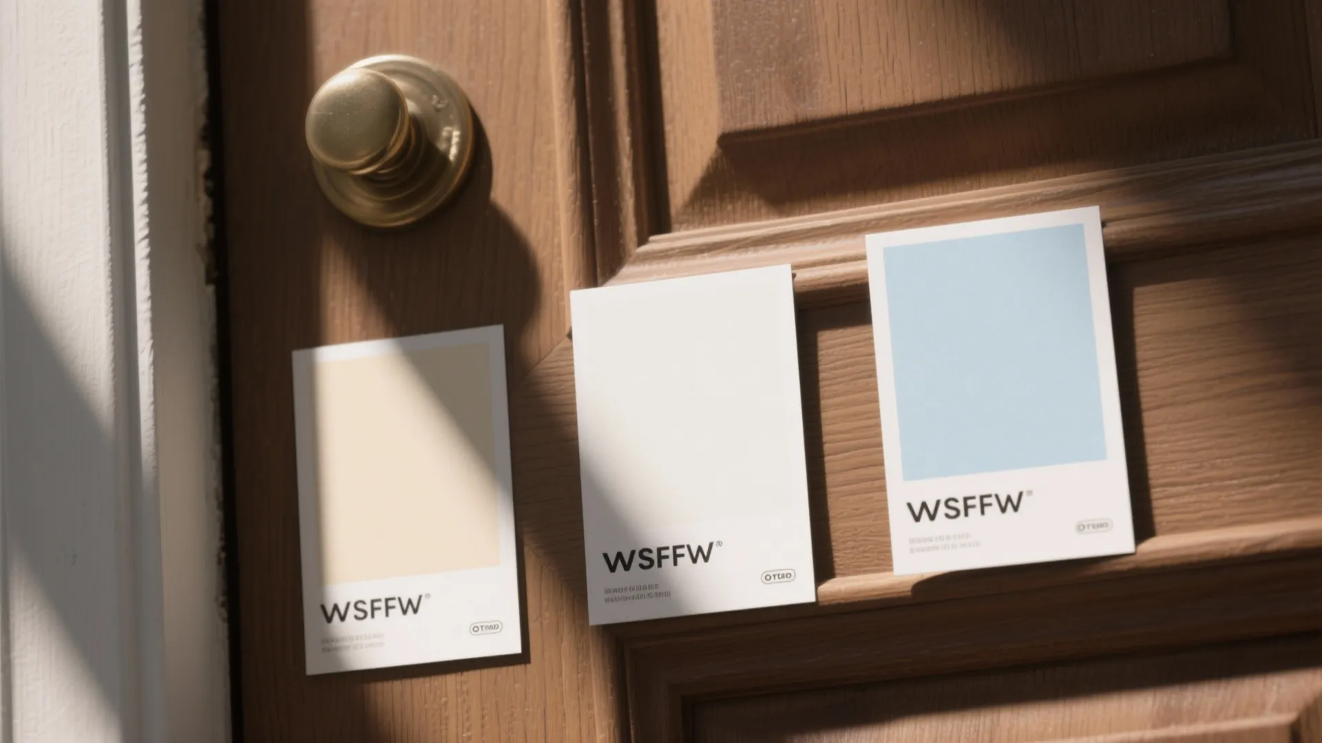 Cream white and blue paint swatches taped on wooden door next to gold metal door knob