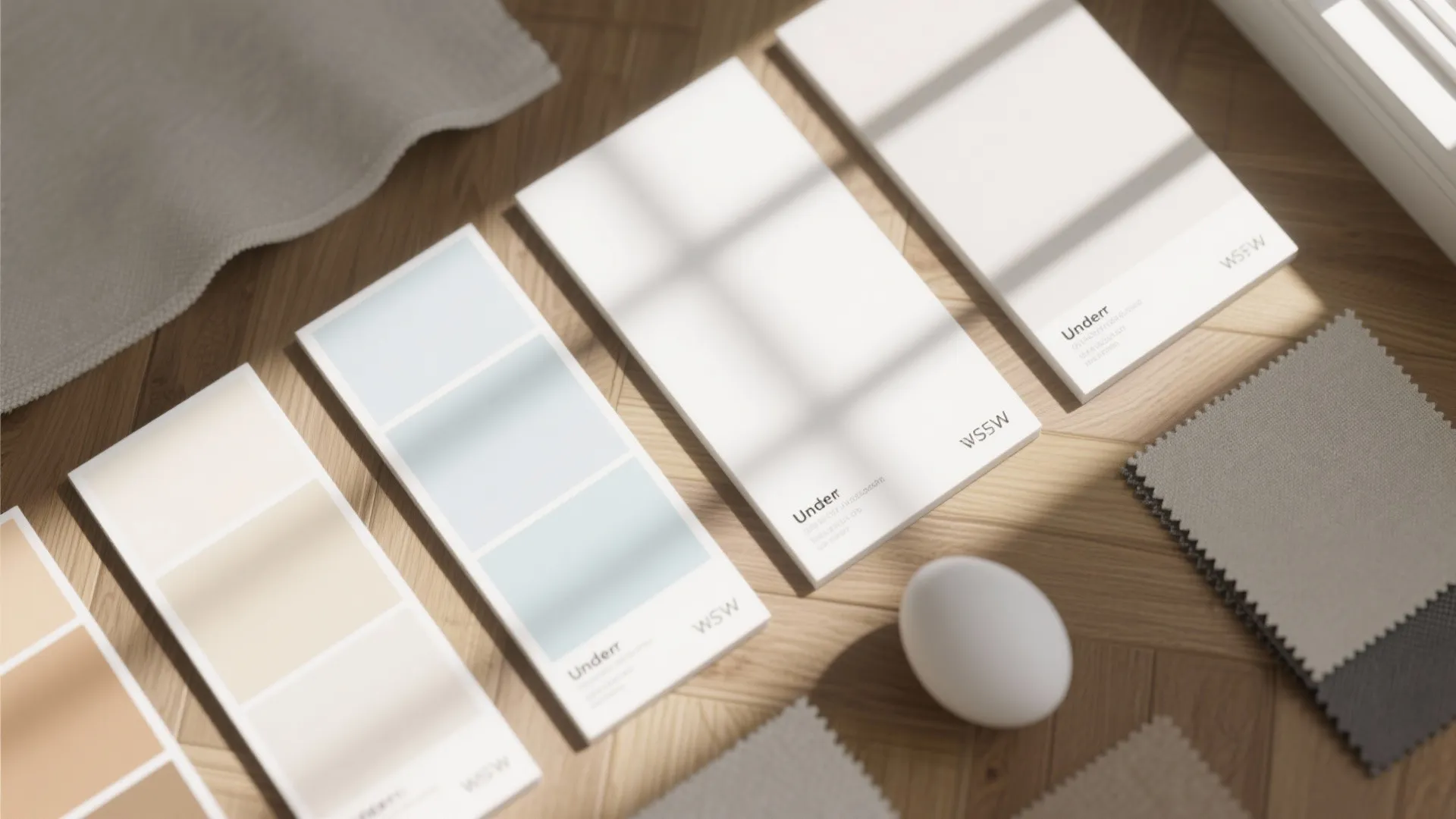 Top-down flatlay of white paint swatches with wood and fabric samples showing warm, cool, and neutral undertones and finishes.