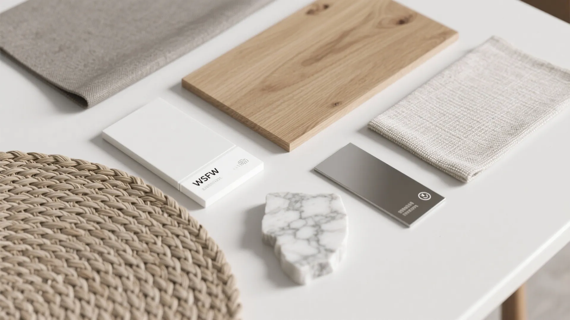 Interior design materials on a white table including wood samples marble fabric and metal plates
