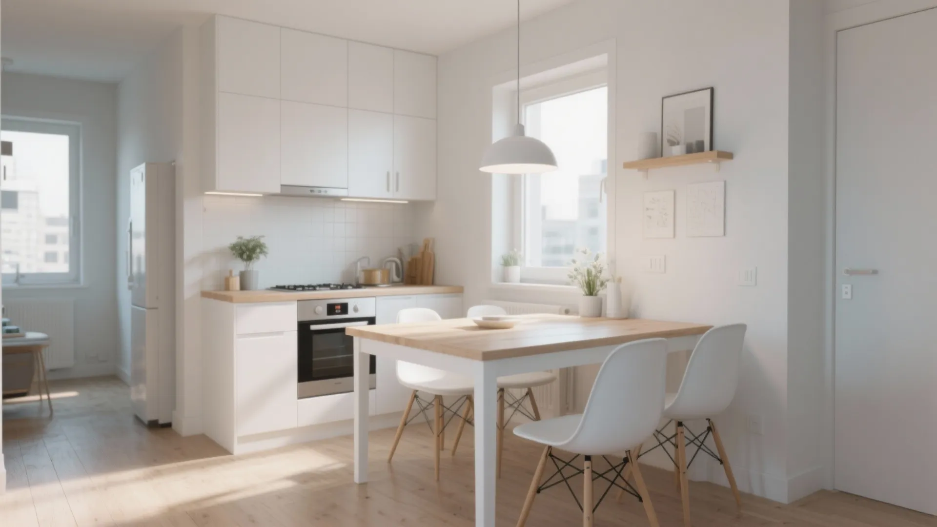 Modern white kitchen interior featuring a wood dining table white chairs and minimalist ceiling light