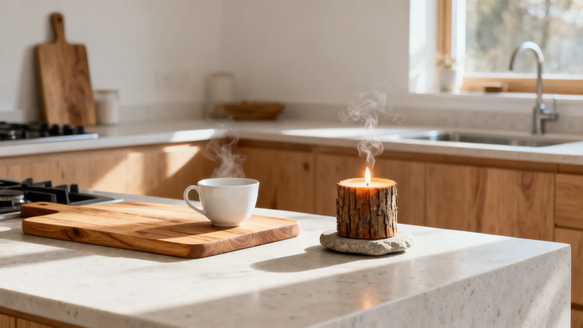 Scandinavian small kitchen with a white tea and soft wood candle adding gentle warmth.