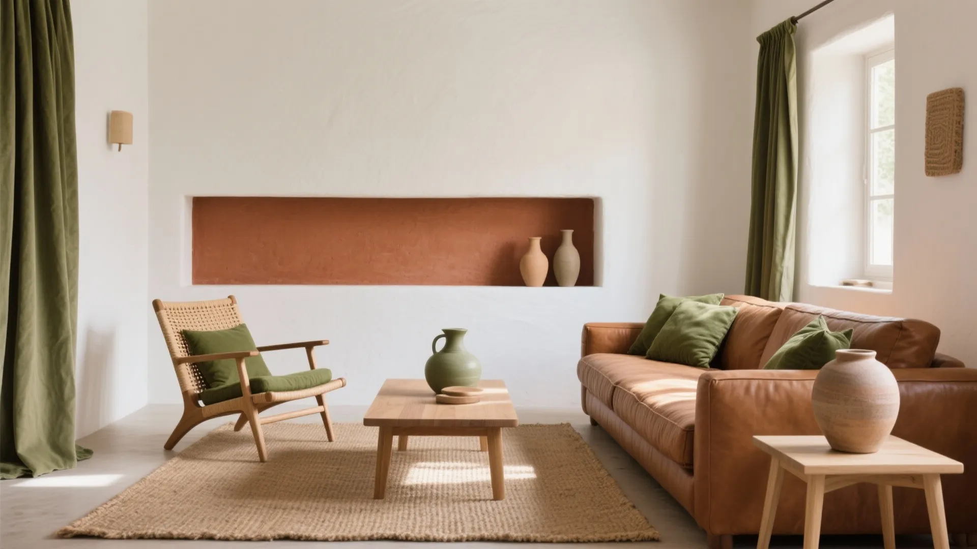 2) Warm White + Terracotta + Olive Green