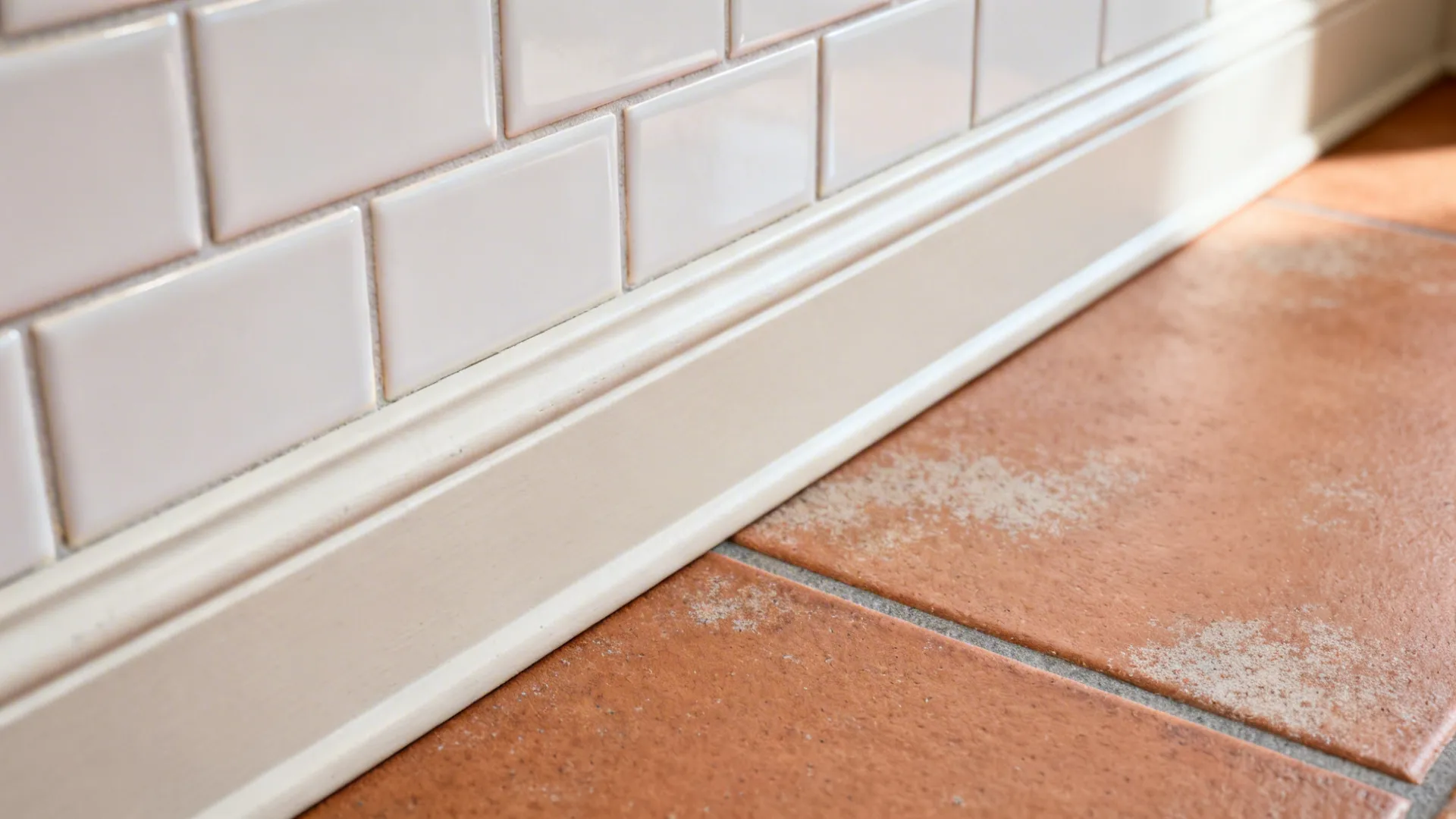Macro of white subway wall tile meeting matte terracotta floor with warm gray grout.