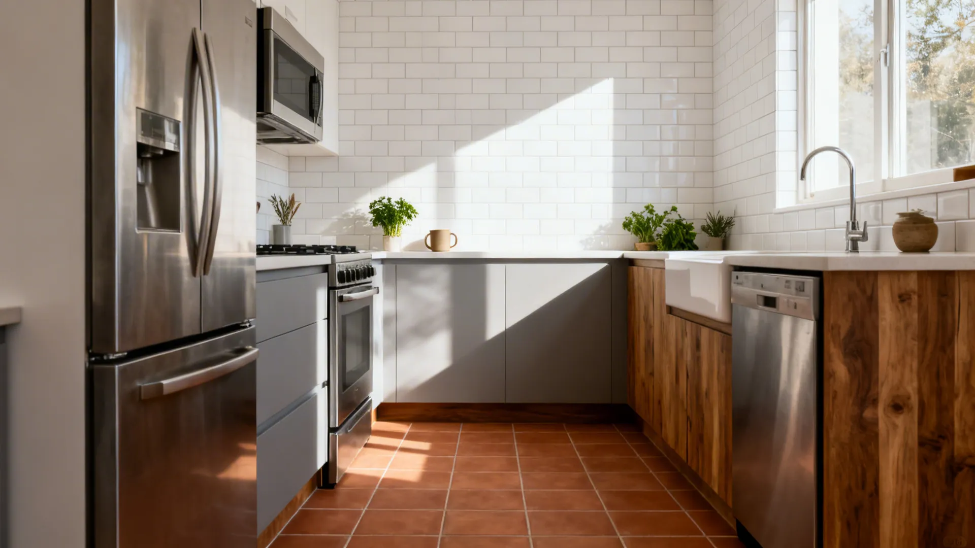 Soft white subway wall tiles paired with matte terracotta floor in a bright small kitchen.