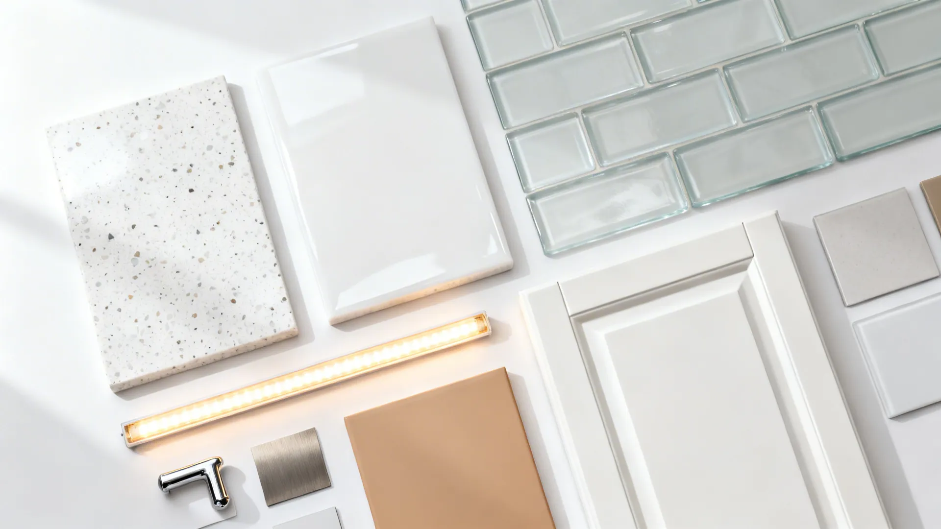 Top-down board with white terrazzo and glossy white samples under warm light.