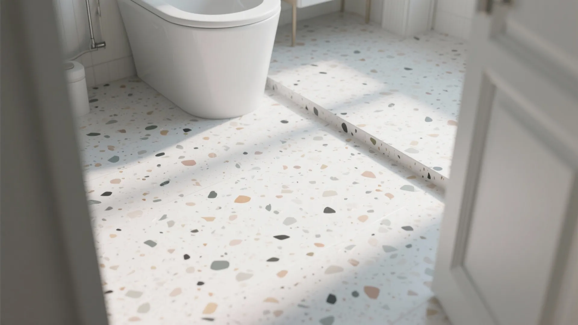 Modern bathroom interior featuring colorful speckled floor tiles with a white toilet and open door