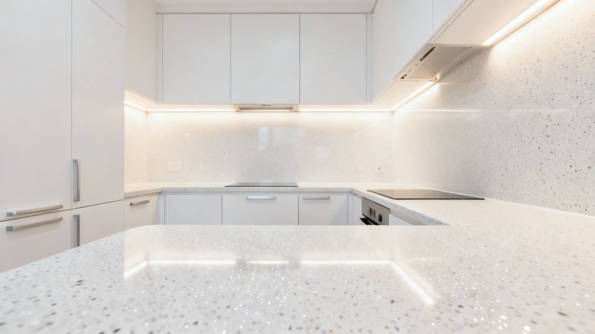 Monochrome white kitchen with glossy white terrazzo-style countertops and warm lighting.