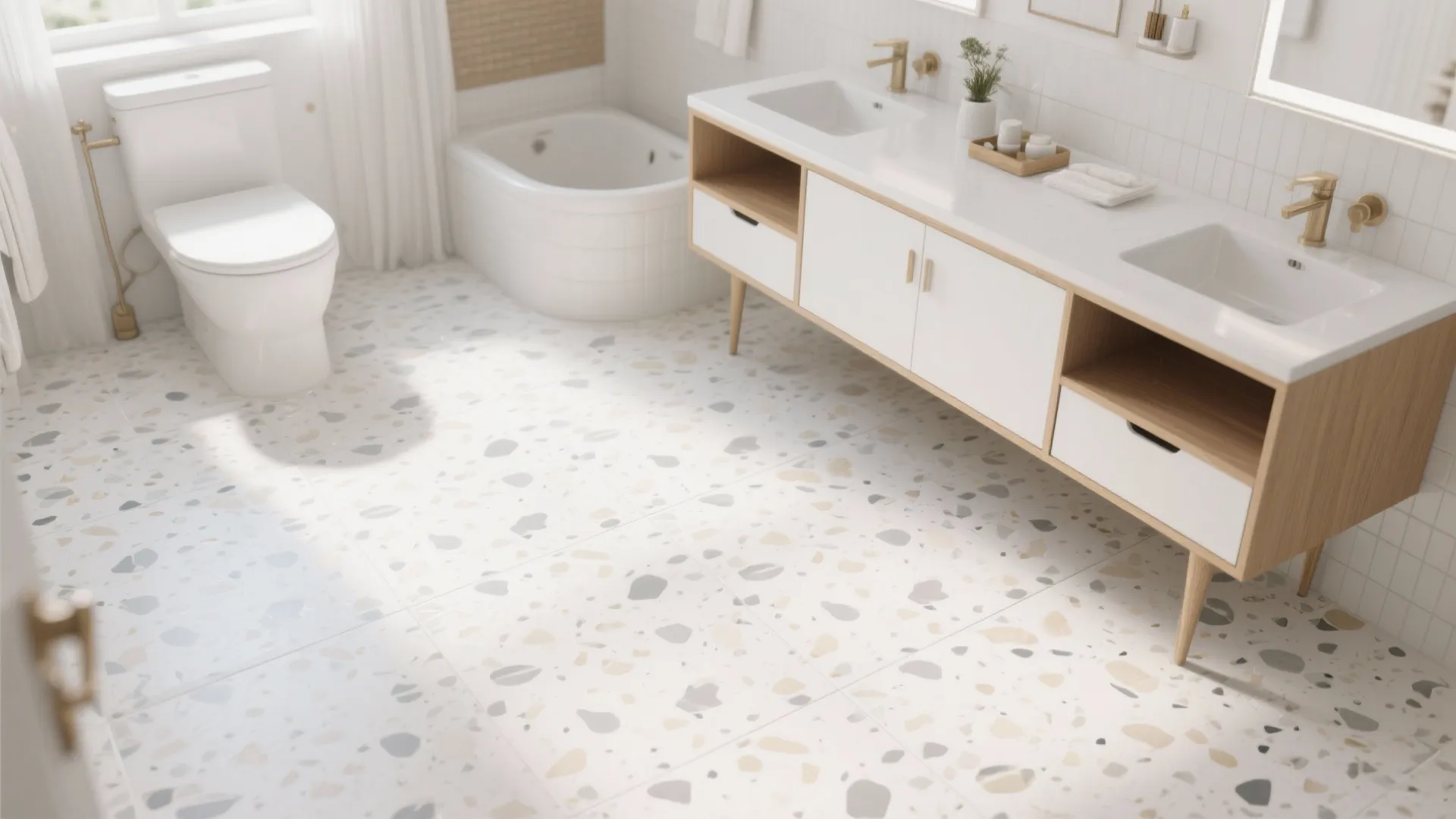 Spacious bathroom with white terrazzo floor tiles plus double sink wood vanity and white bathtub
