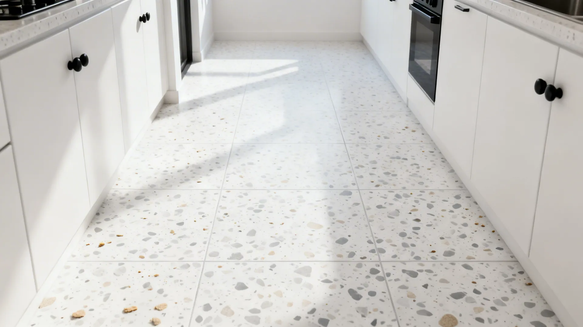 Micro-loft kitchen with white terrazzo-look porcelain floor and soft chips.