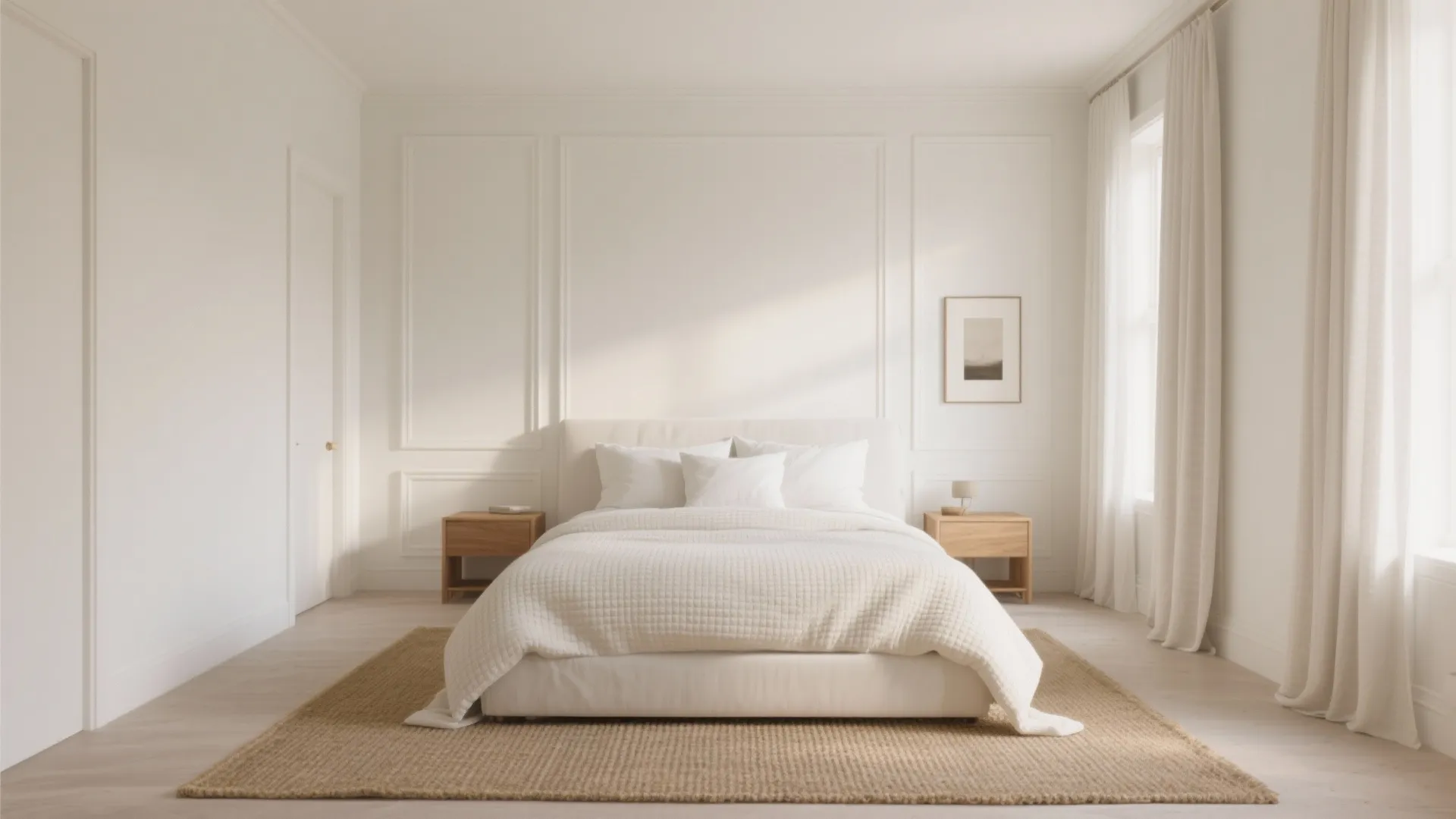 Minimalist white bedroom featuring a large bed, wooden nightstands, wall panels, rug, and white curtains