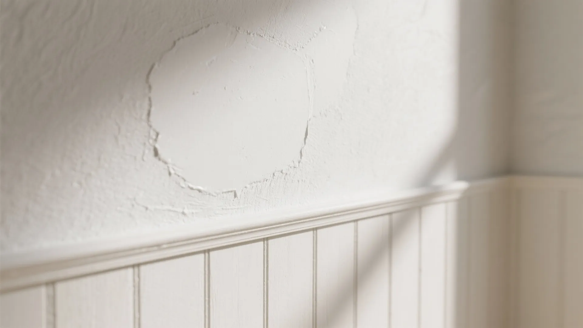 Close up of white wall texture with damaged plaster patch above white wood wall panel
