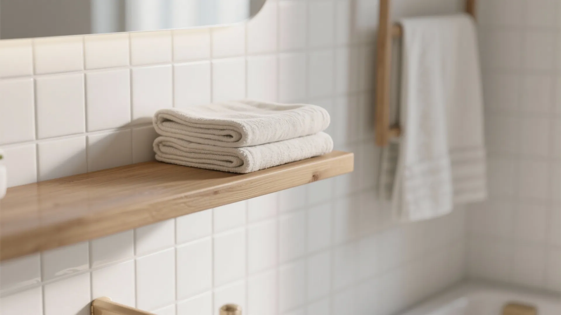 Close-up of matte white tiles, warm oak shelf and linen towels showing layered texture.