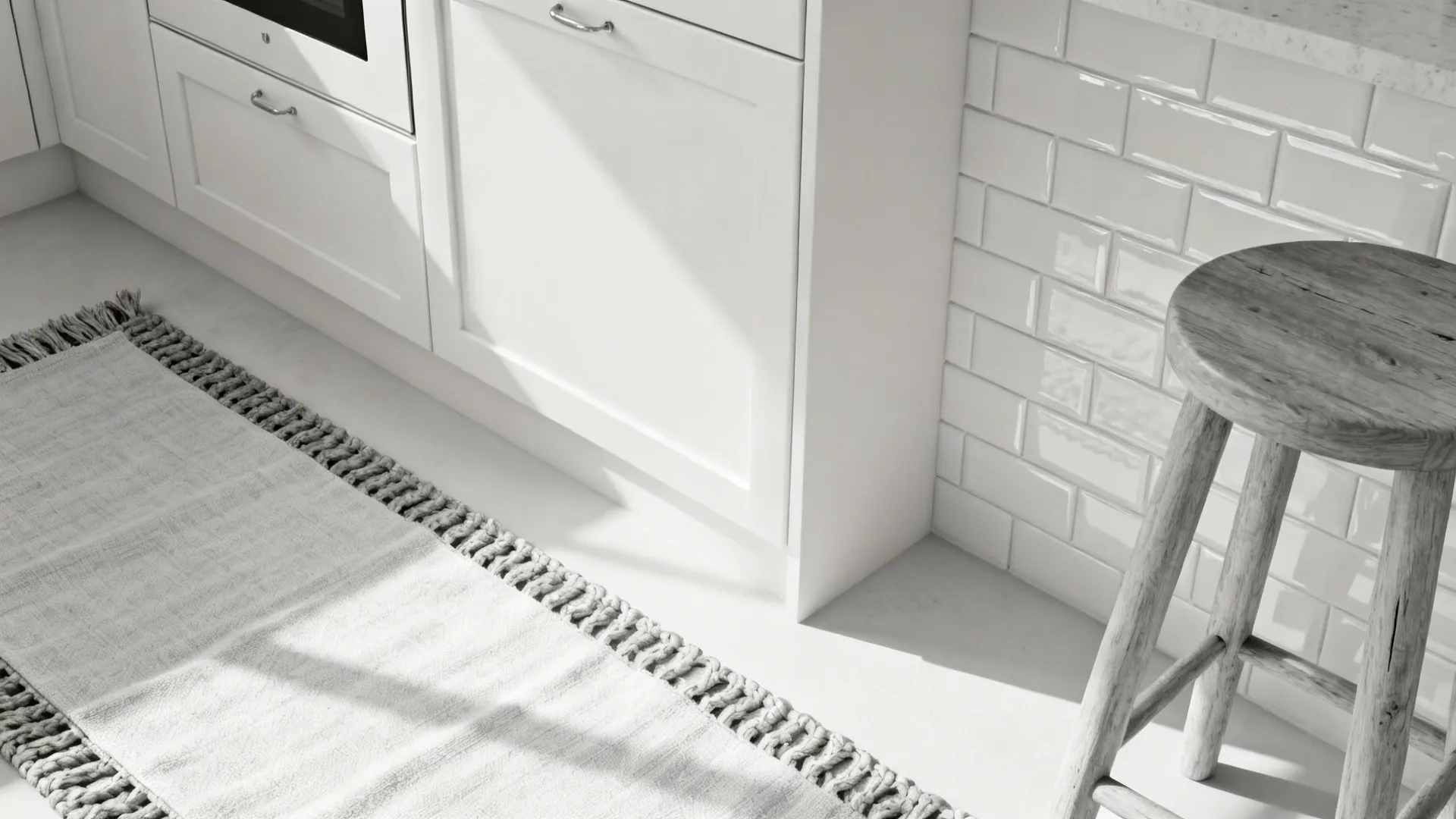 Close-up of white kitchen textures: matte cabinets, glossy tile, woven rug and wooden stool.