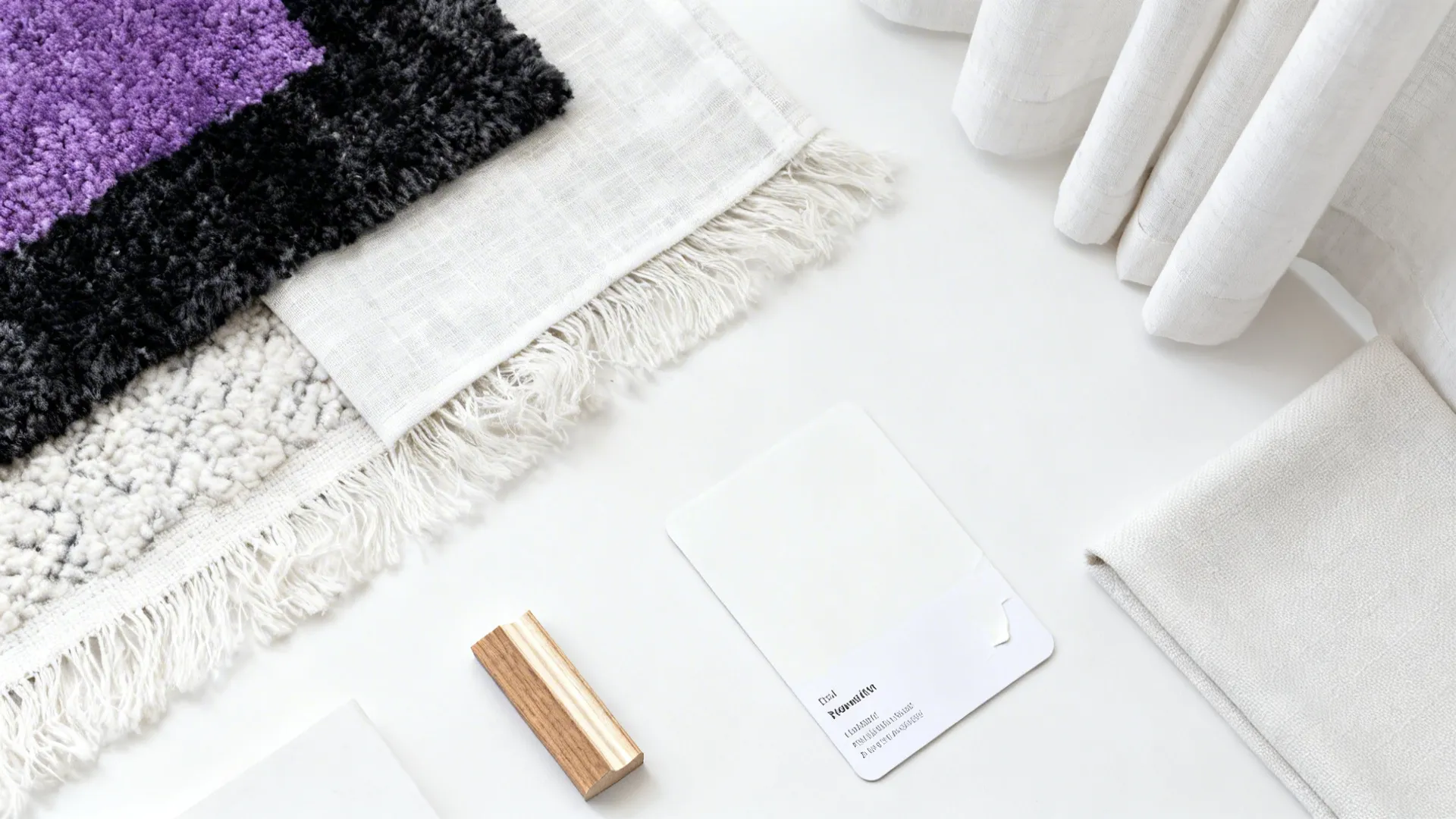Flatlay of white fabric and material samples: wool rug, linen, matte paint and upholstery swatches