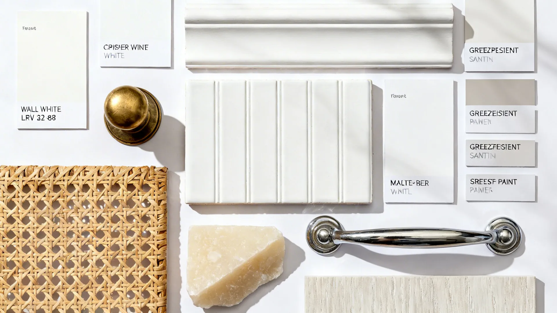 Top-down flatlay of warm and crisp white swatches with brass, chrome, rattan, and quartz samples.