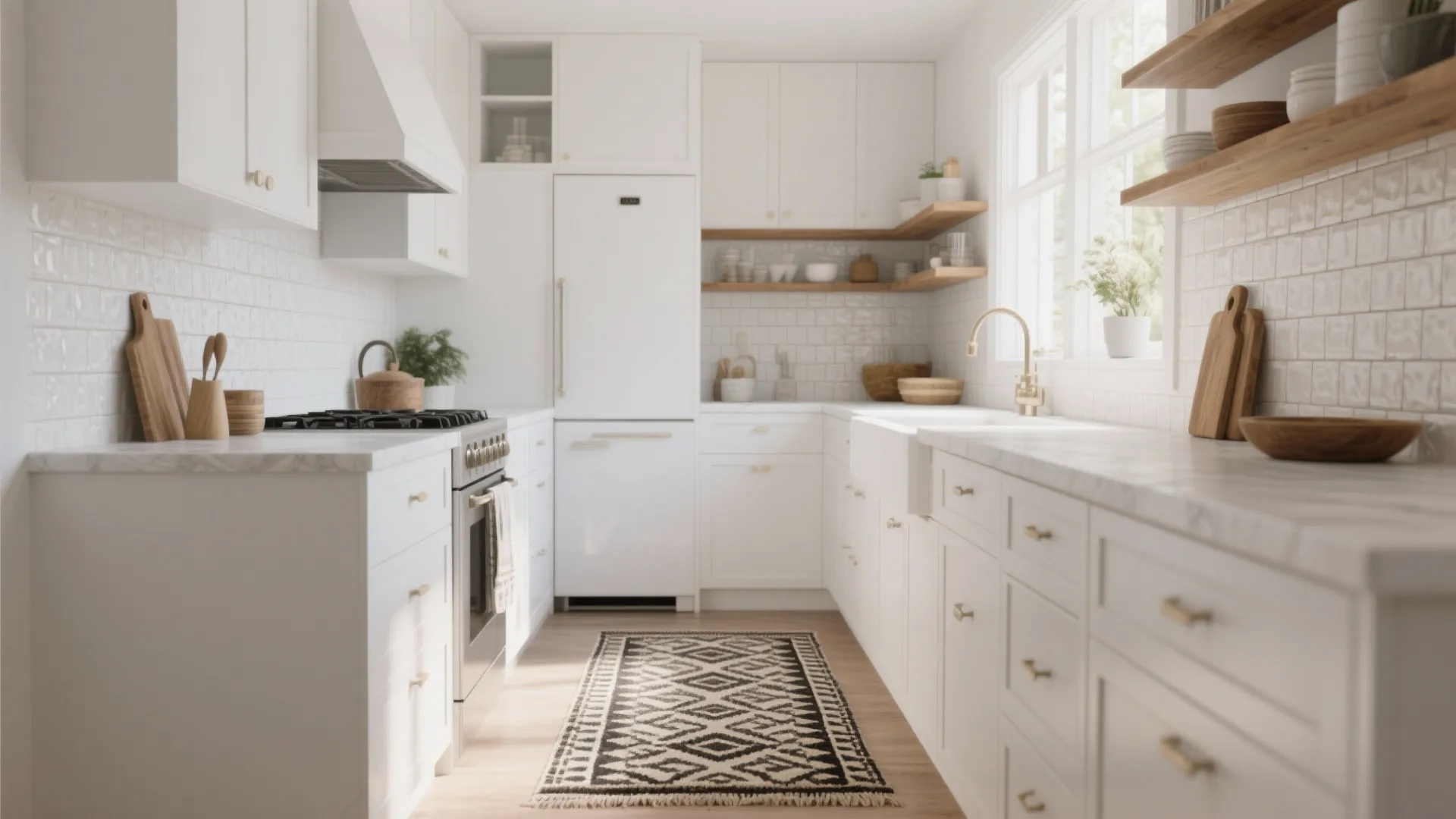 All white modern kitchen with marble countertops wooden shelves and a patterned rug on floor