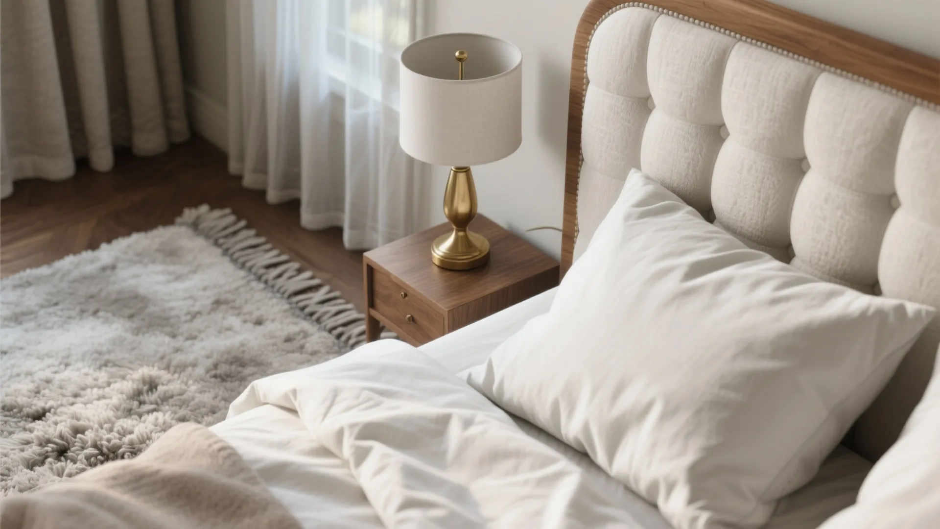 Close up of a bed with white pillows and gold table lamp on wood nightstand