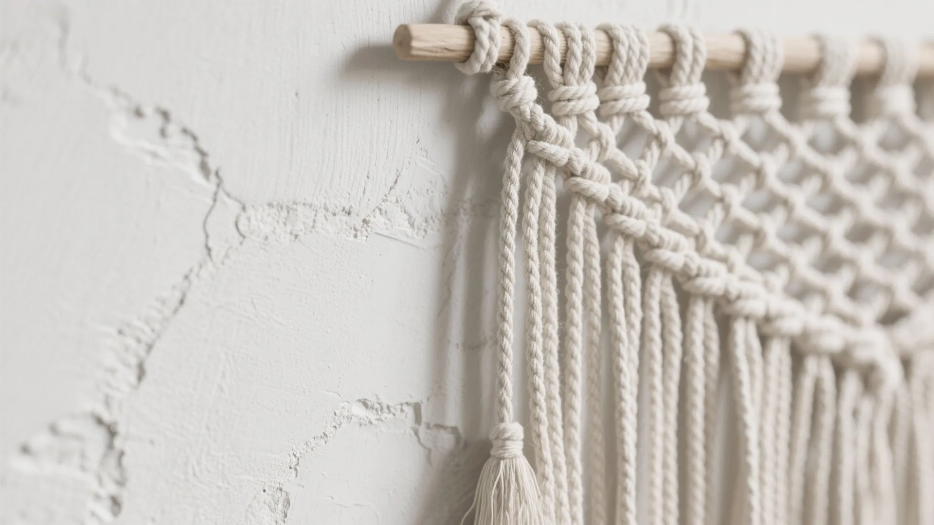 Close-up of woven wall hanging and plaster finish on a white wall showing layered texture and depth.