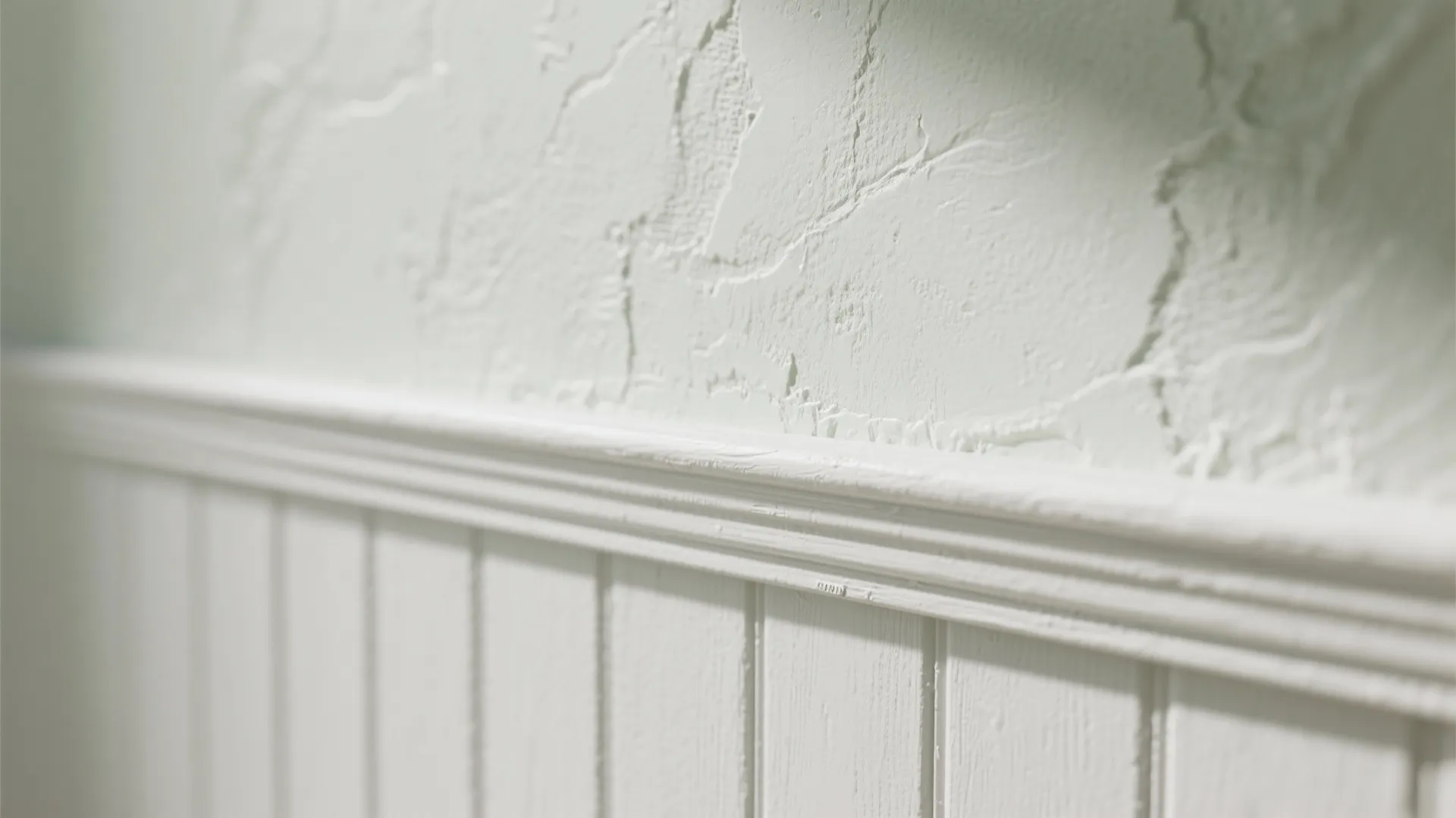 Close up view of white wall panel and textured plaster wall in a bright room