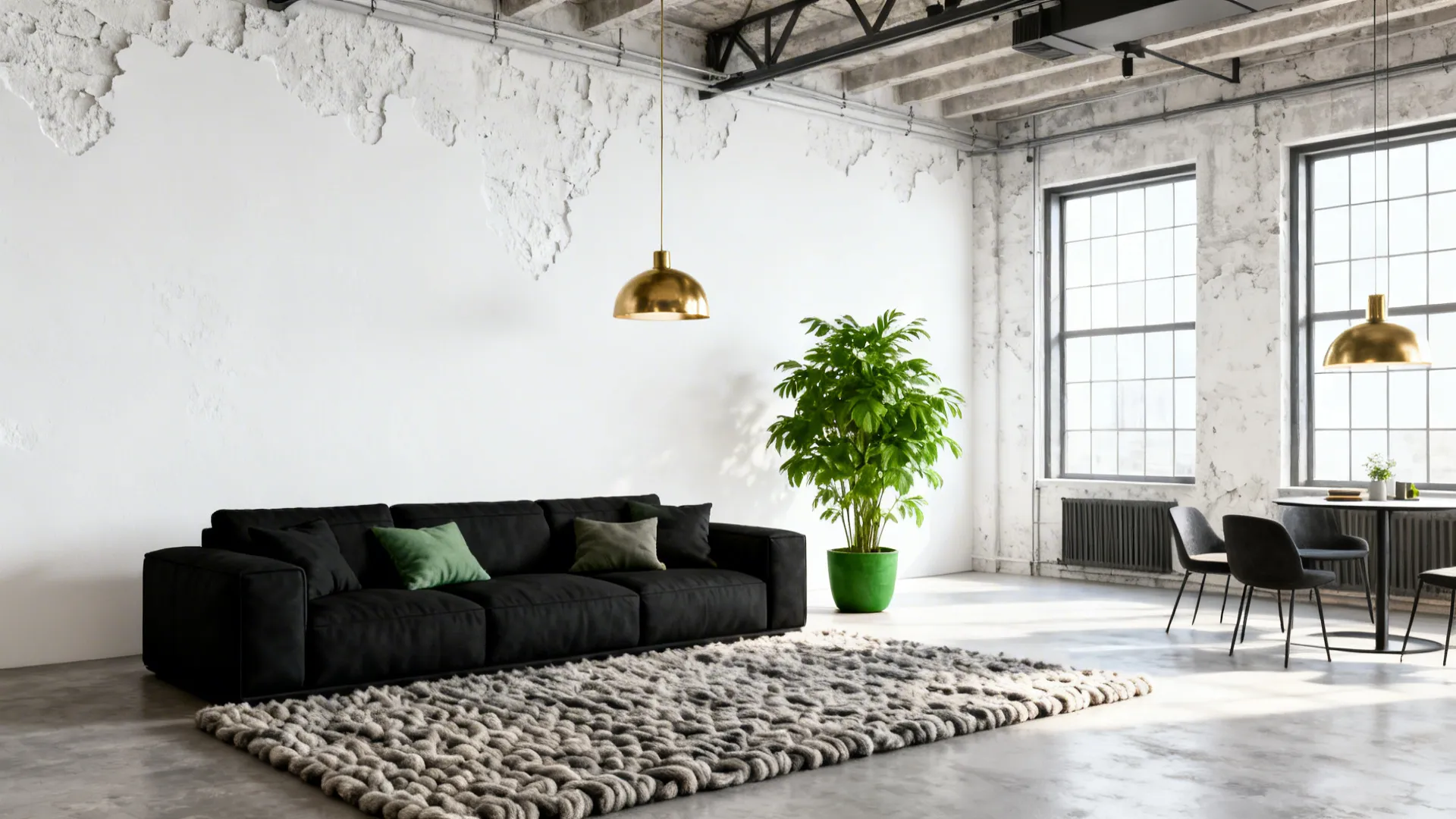Black sofa in a crisp white loft with textured rug, brass lighting and plants