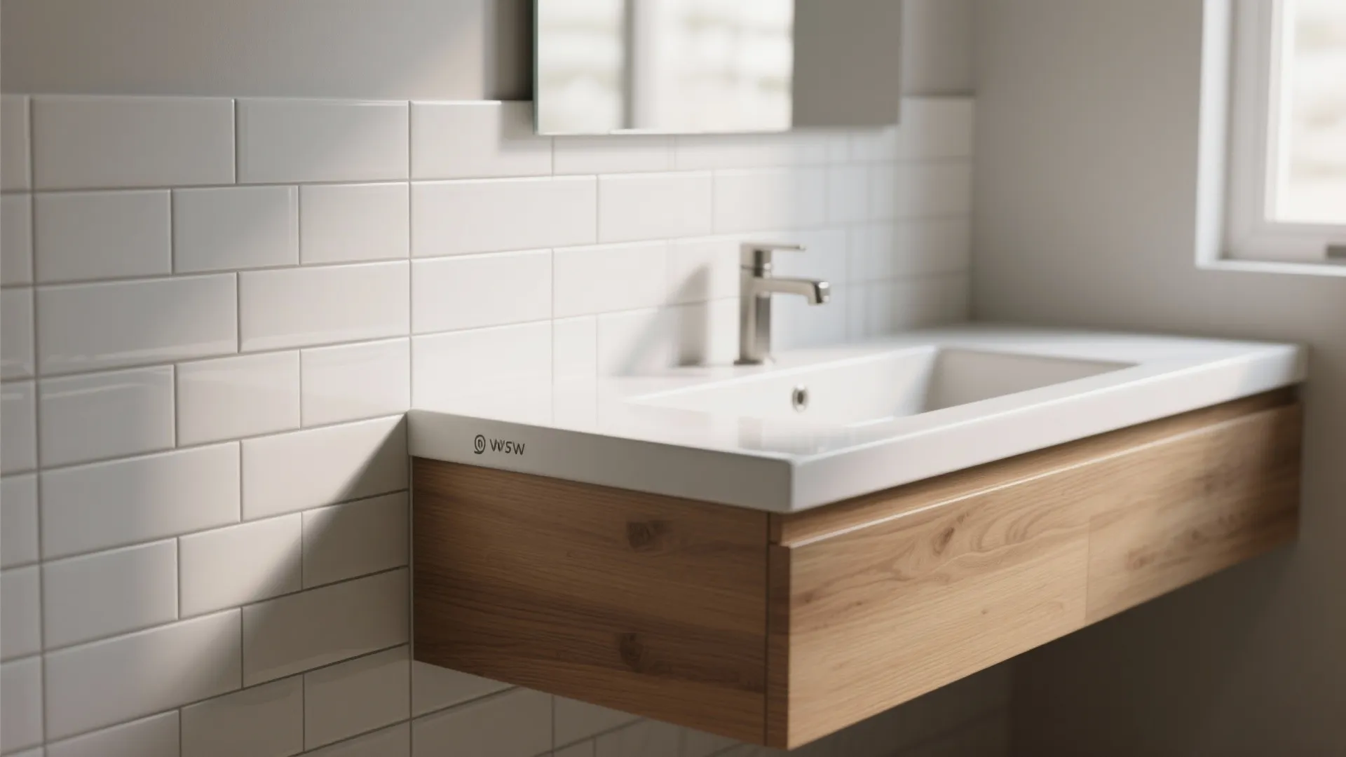 Close-up of matte white tile and warm wood vanity showing grout and wood grain texture