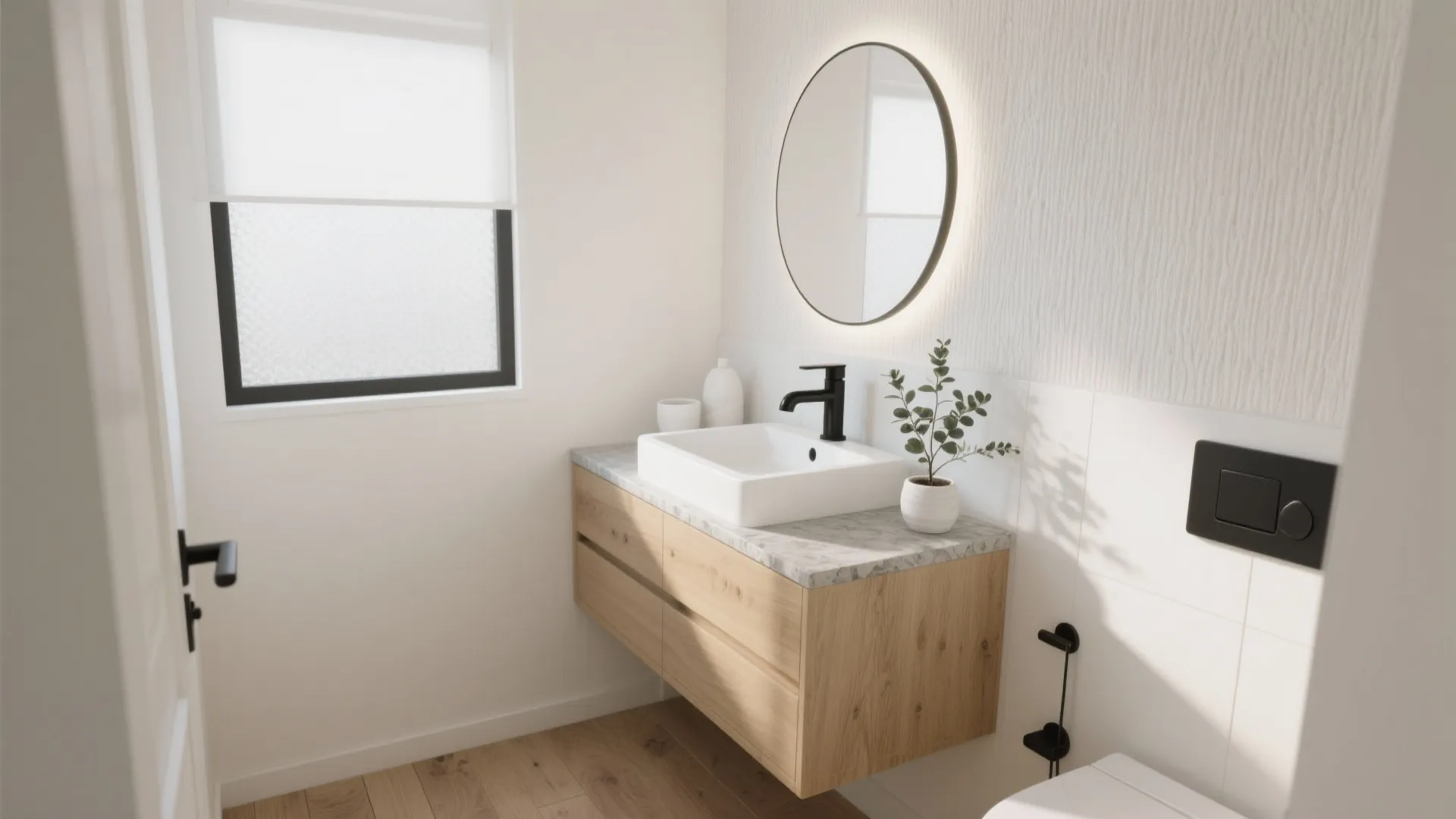 Modern bathroom with wooden cabinet, white sink, black faucet, round mirror, and natural window light