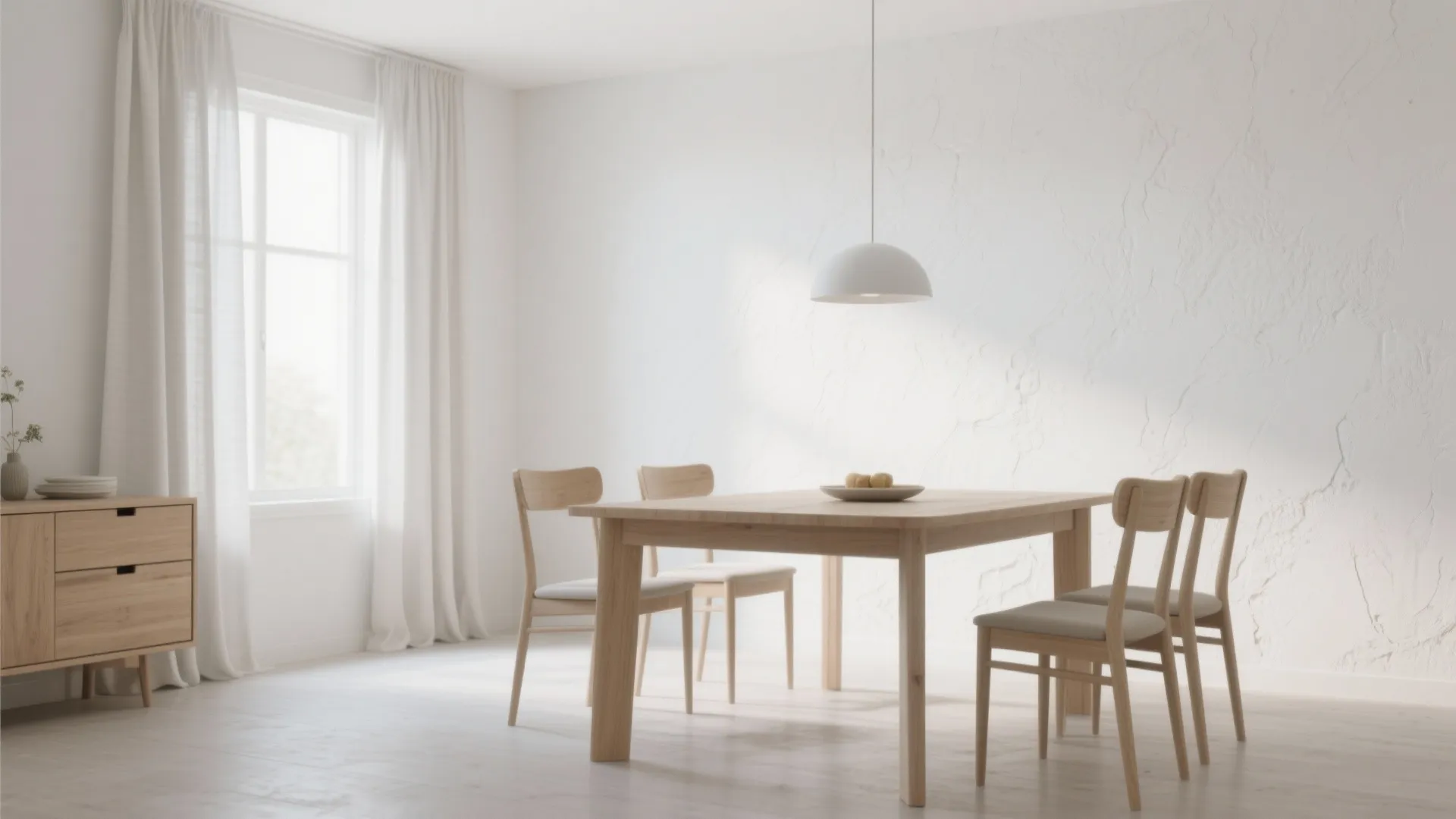 Minimalist dining room with textured white walls wooden table white ceiling light and bright windows