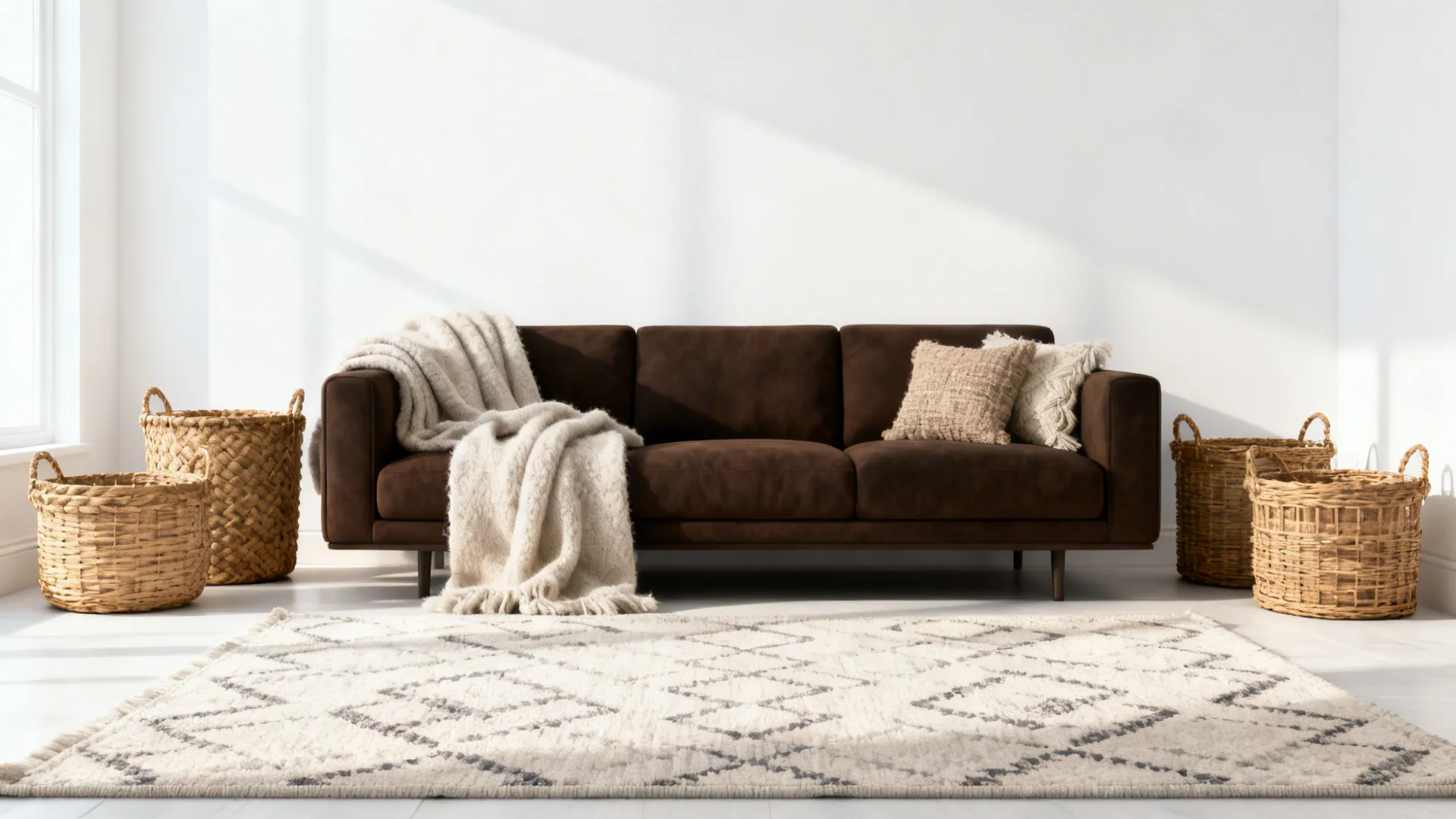 Airy white-walled living room with a brown sofa and textured natural accents.