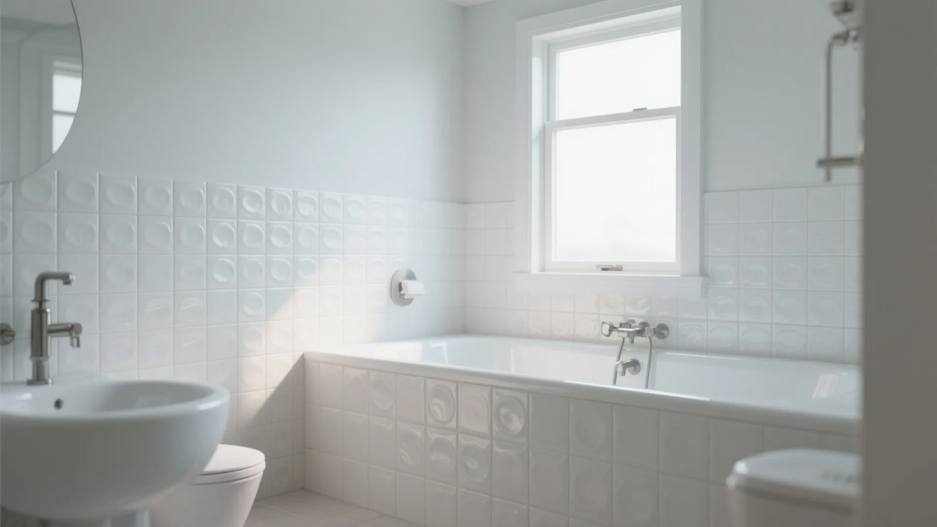 Minimalist white bathroom with textured round pattern wall tiles bathtub sink and natural window light