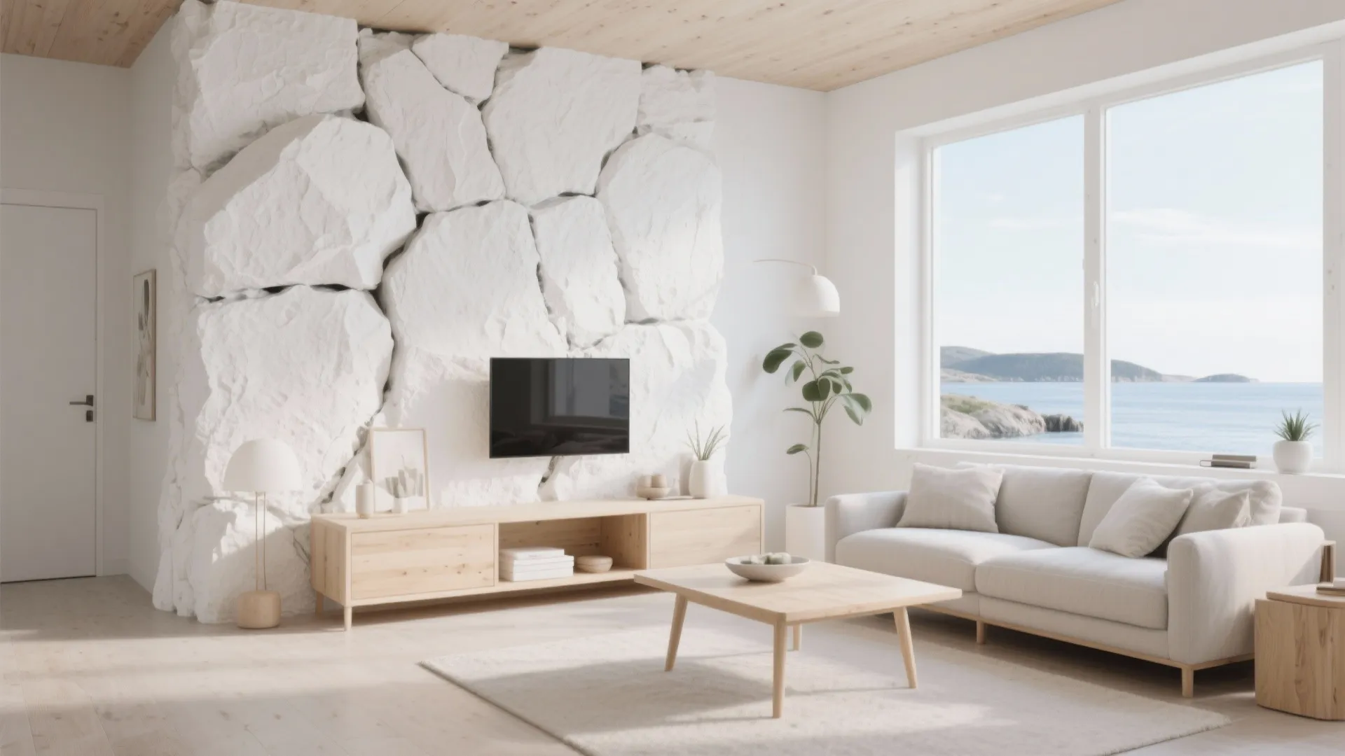 Bright living room with white textured stone wall panel holding a television and wooden cabinet