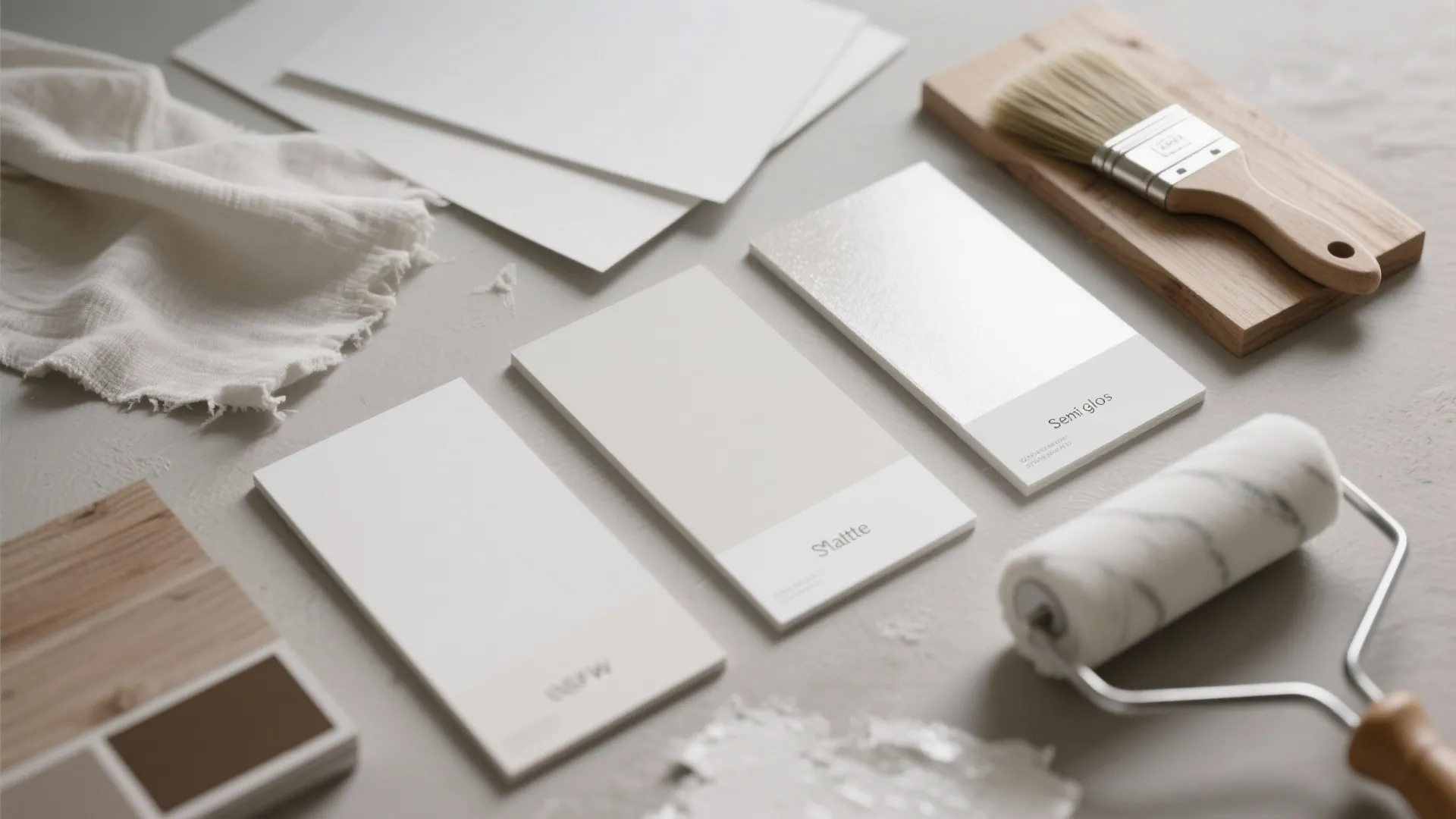 White paint color samples placed on a table with a brush roller and wood pieces