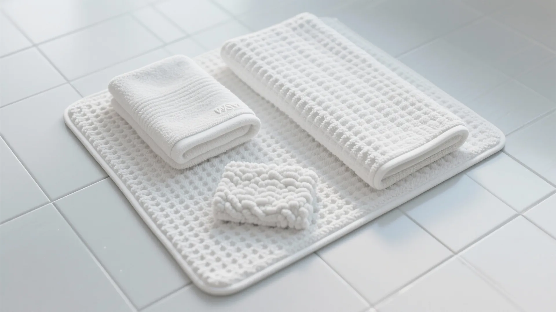 Flatlay of textured white towels and a ribbed bath mat on light tile