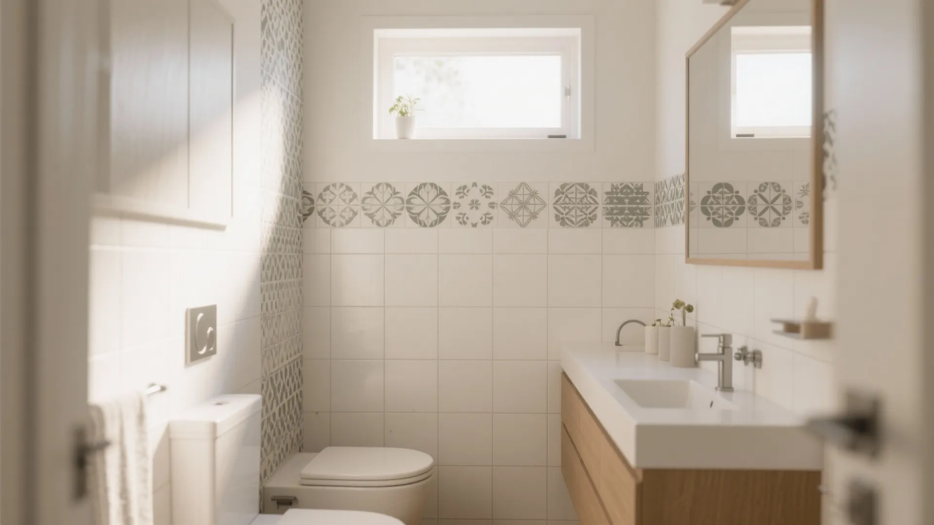 Clean white bathroom with patterned wall tiles a wood cabinet and natural light from window