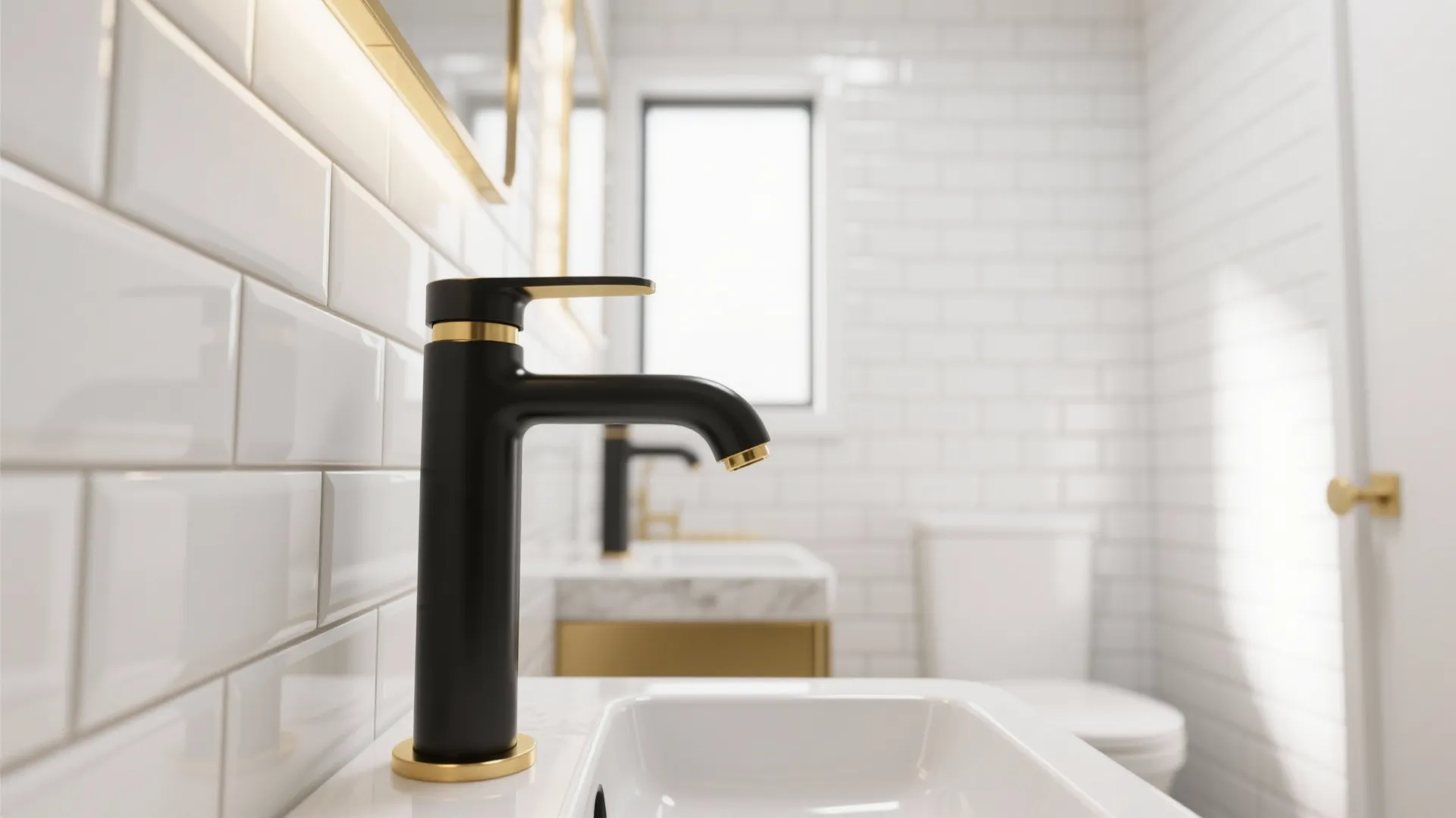 Modern bathroom featuring black and gold water tap on white sink with white brick wall