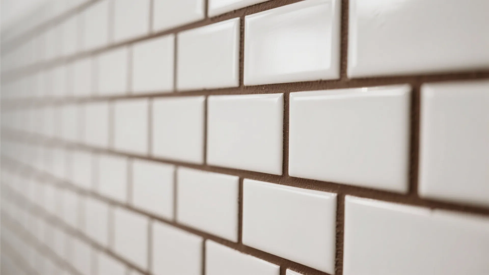 Close up view of white rectangular wall tiles with dark brown grout in a kitchen