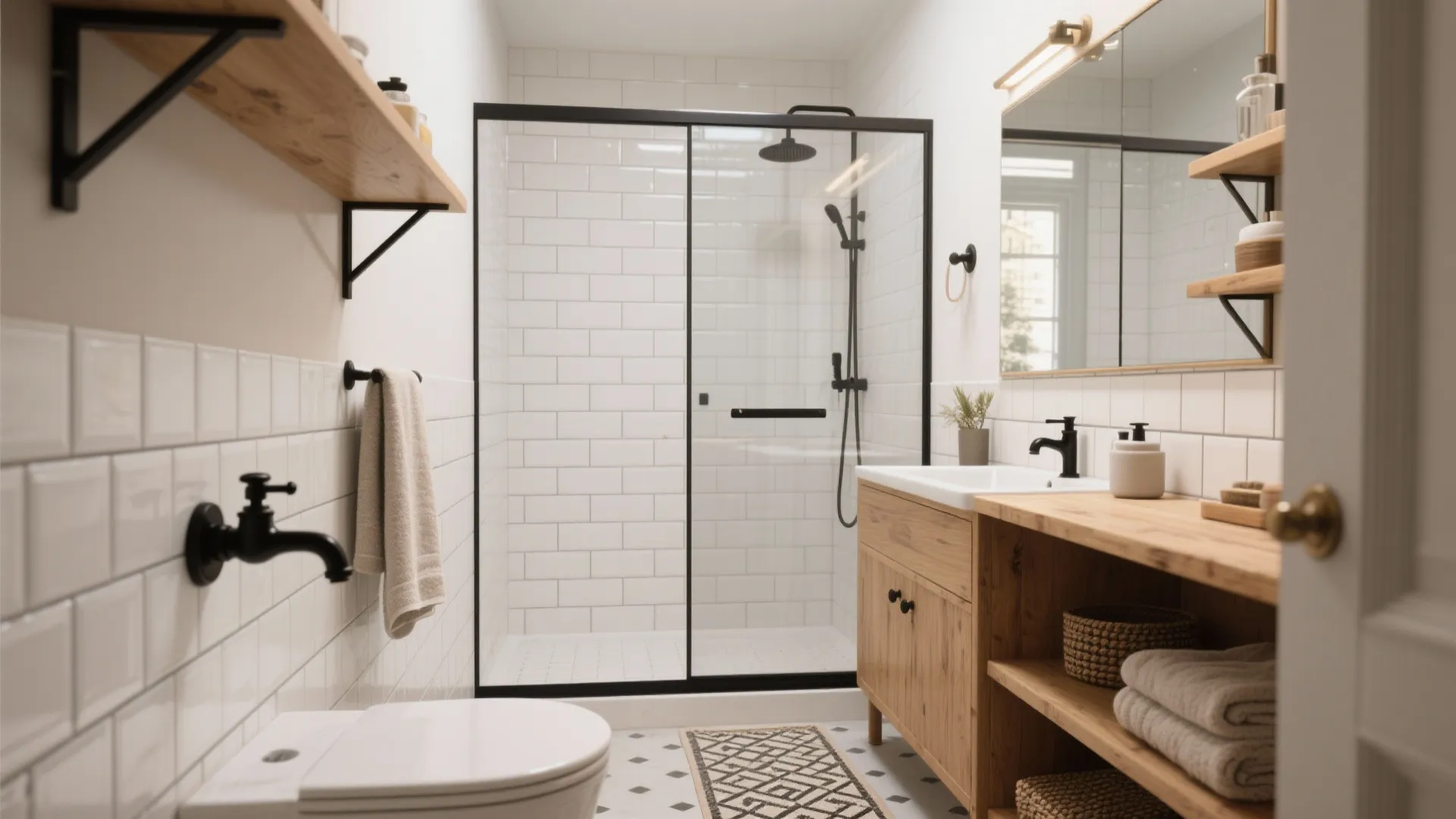 Modern bathroom with white wall tiles black shower frame wooden vanity and small glass mirror