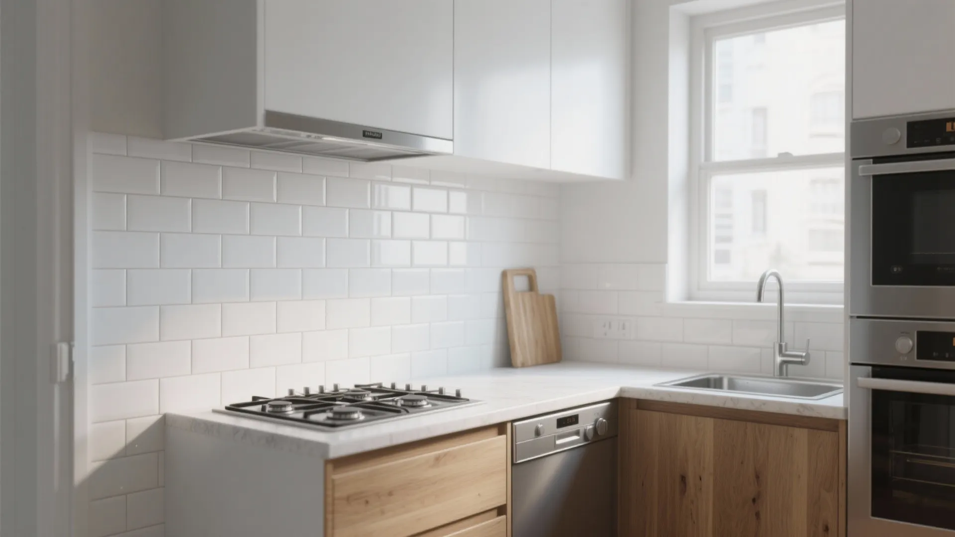 Modern kitchen with white subway tile backsplash wooden cabinets gas stove and stainless steel sink area