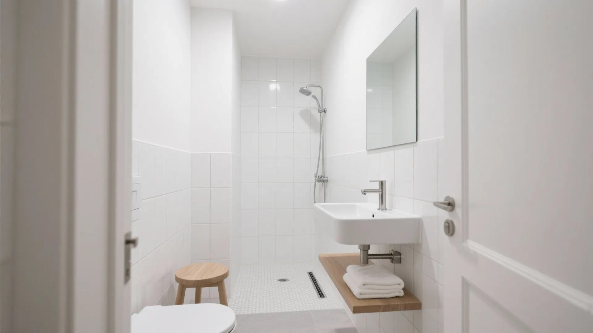 Modern white bathroom with walk in shower wall mounted sink wooden stool and bright tiles