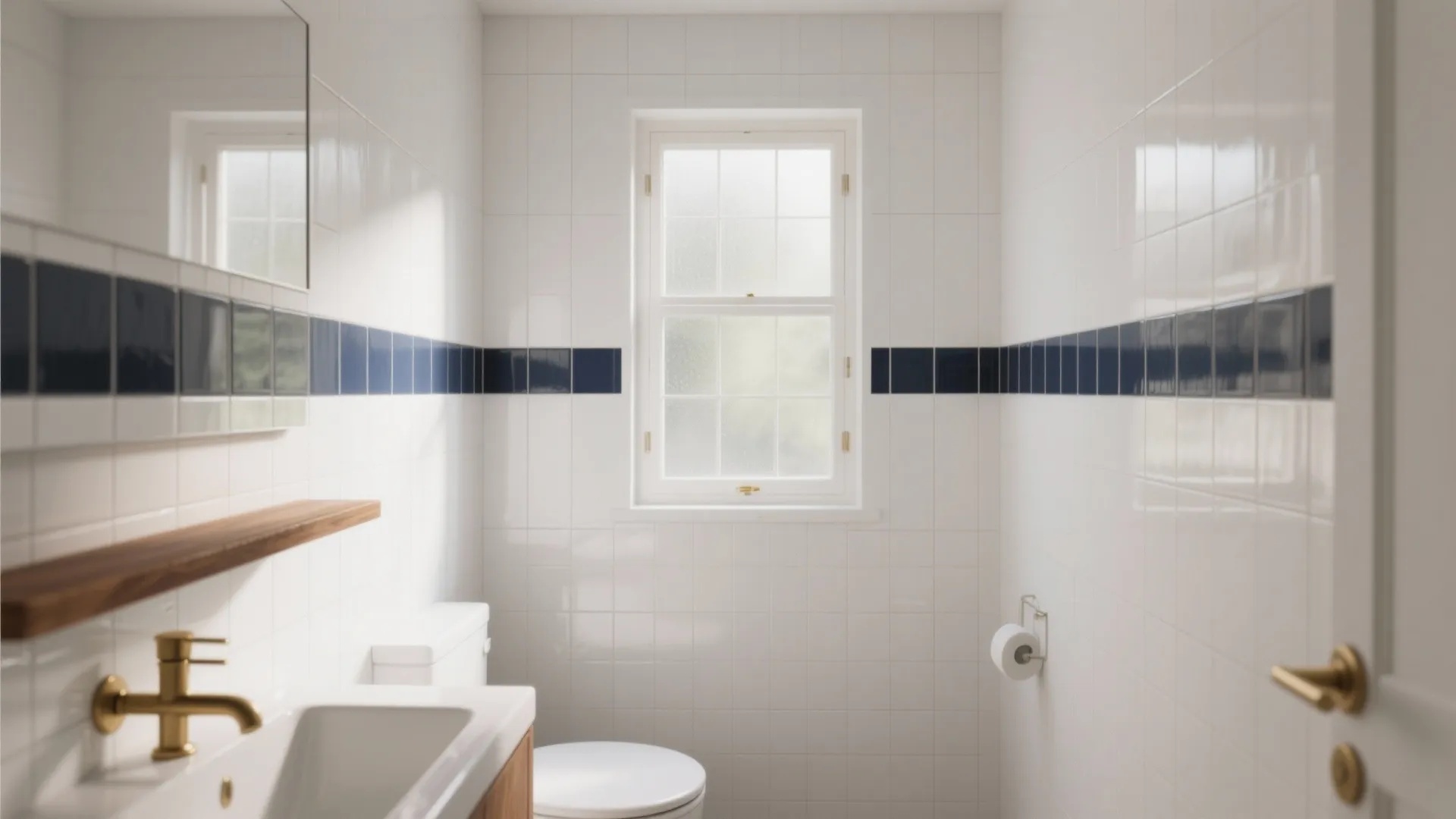 Modern bathroom with white tiled walls blue stripe gold faucet white toilet and small window